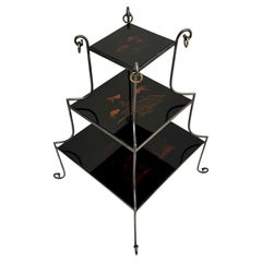 Unusual & Beautiful 3 Tier Lacquer and Steel Side Table with Goldfish Motif