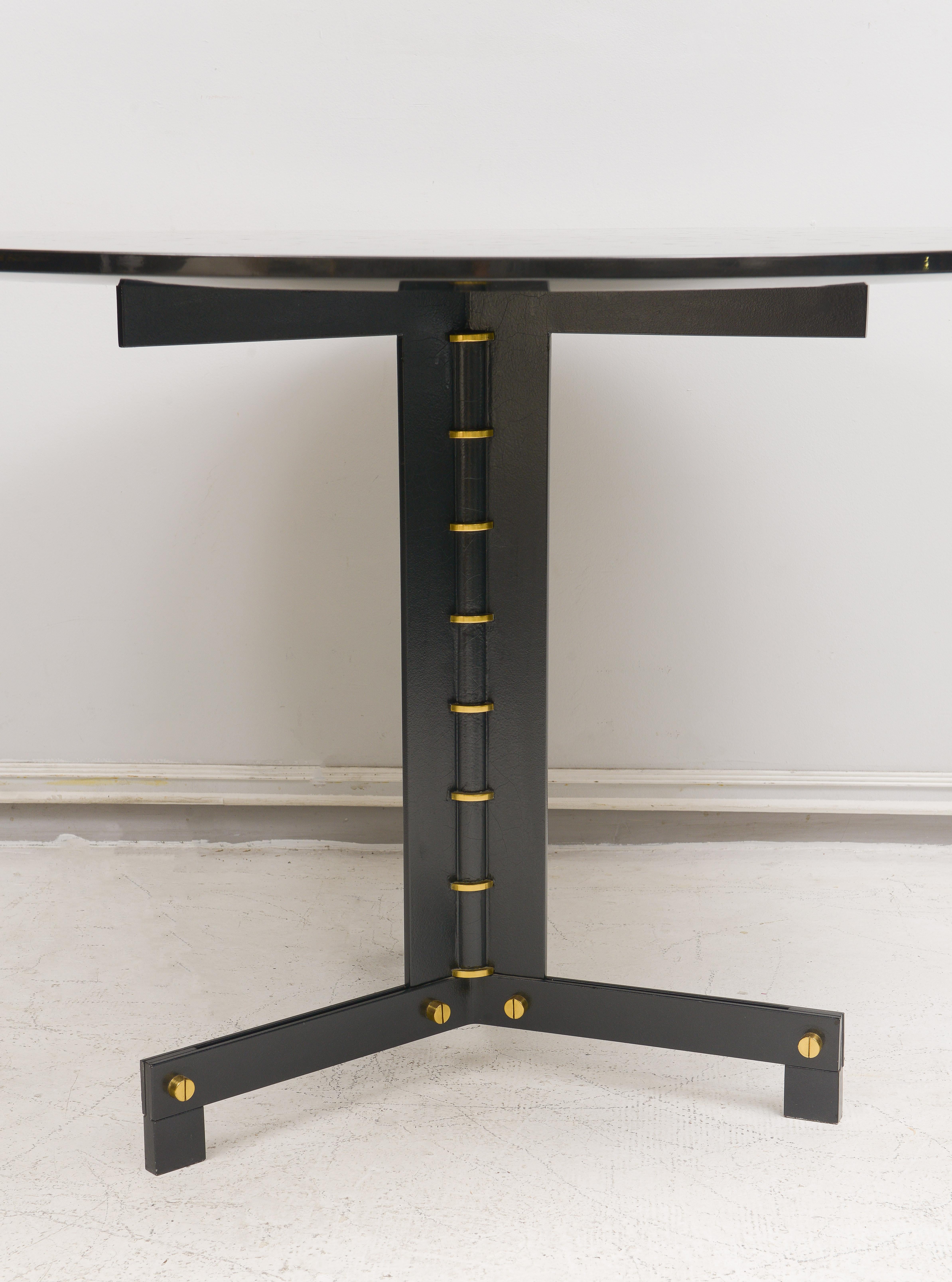 Unusual Bespoke Black Lacquered Circular Table on Steel and Brass Base For Sale 1