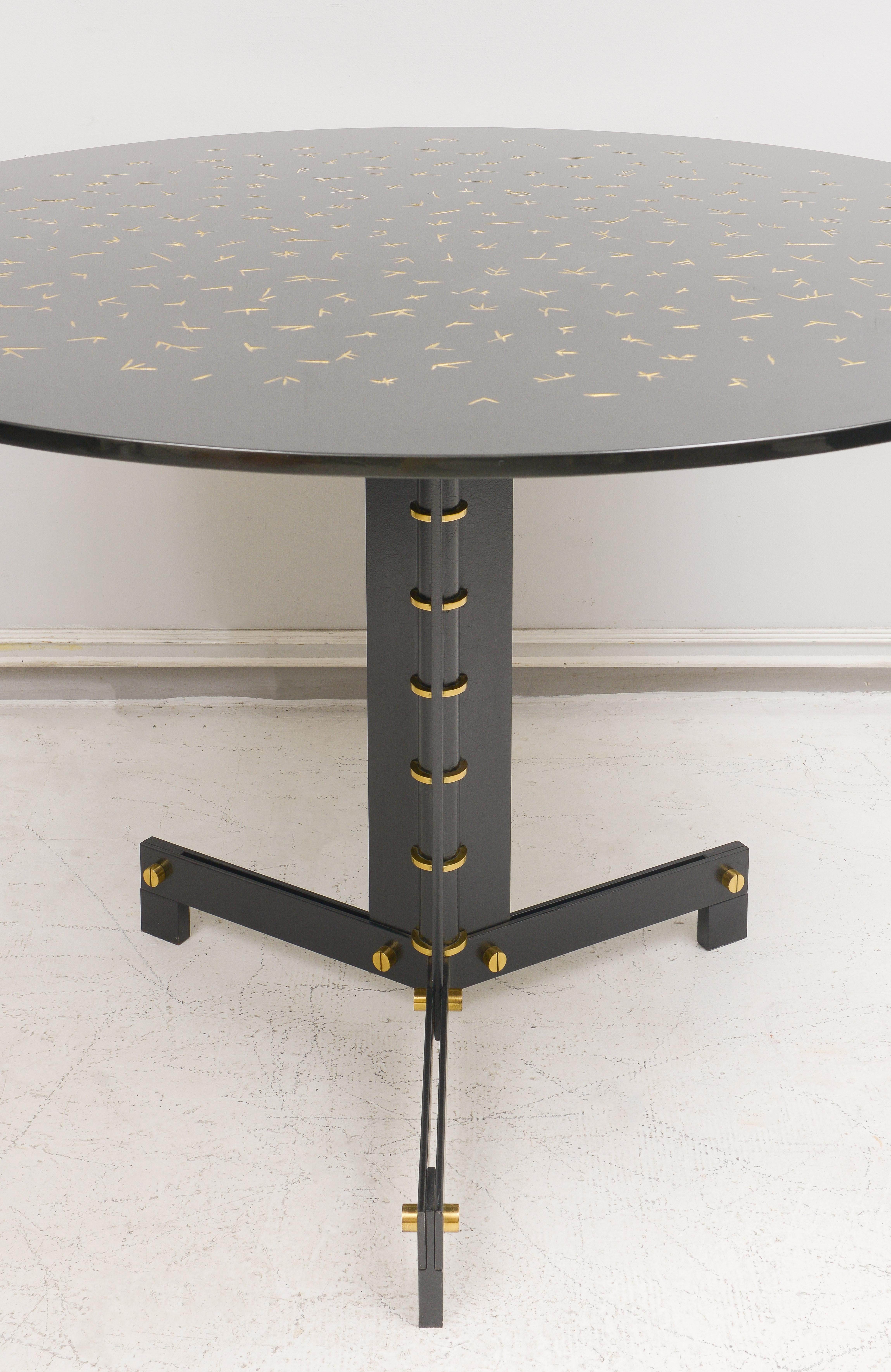 Contemporary Unusual Bespoke Black Lacquered Circular Table on Steel and Brass Base For Sale