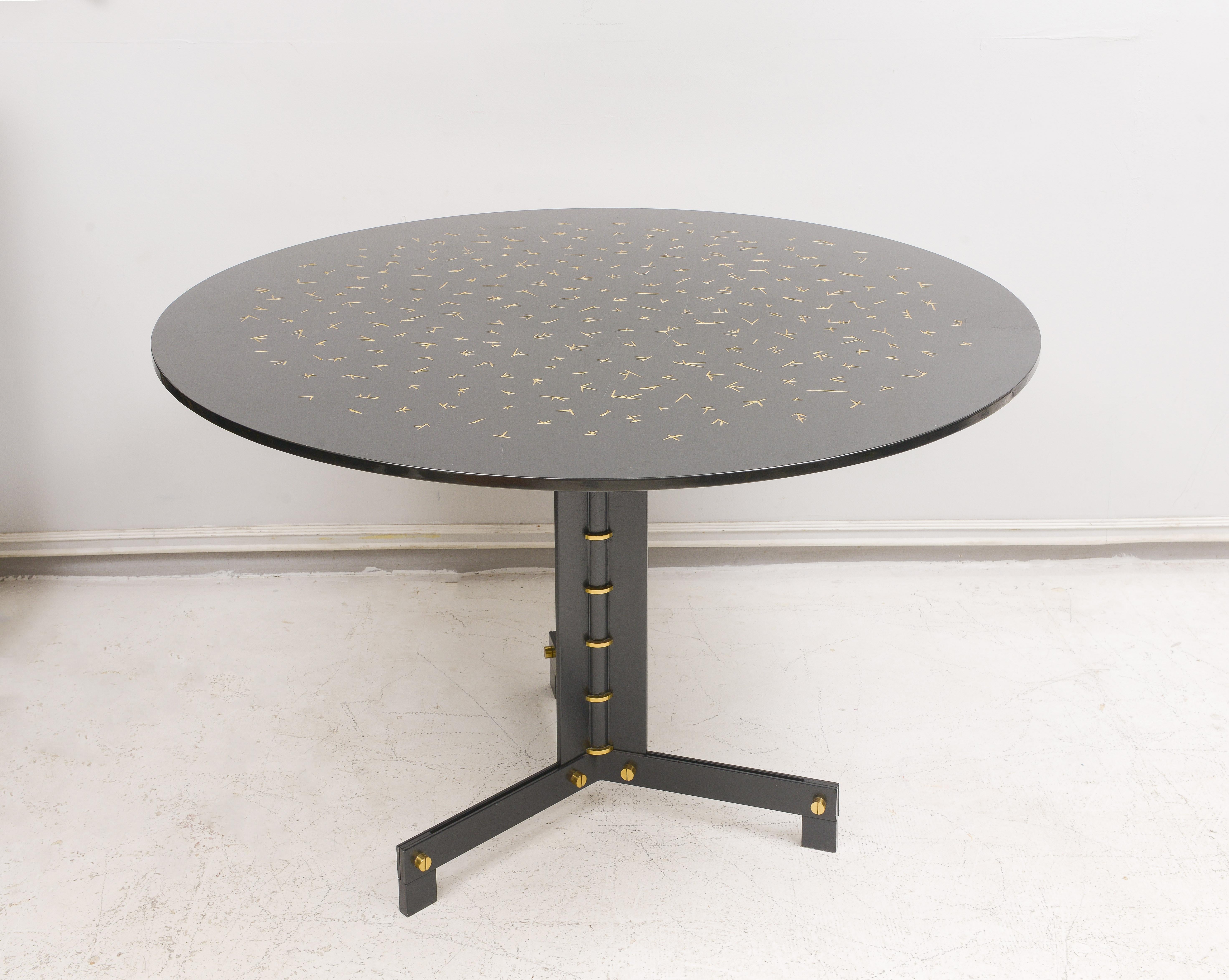 French Unusual Bespoke Black Lacquered Circular Table on Steel and Brass Base For Sale