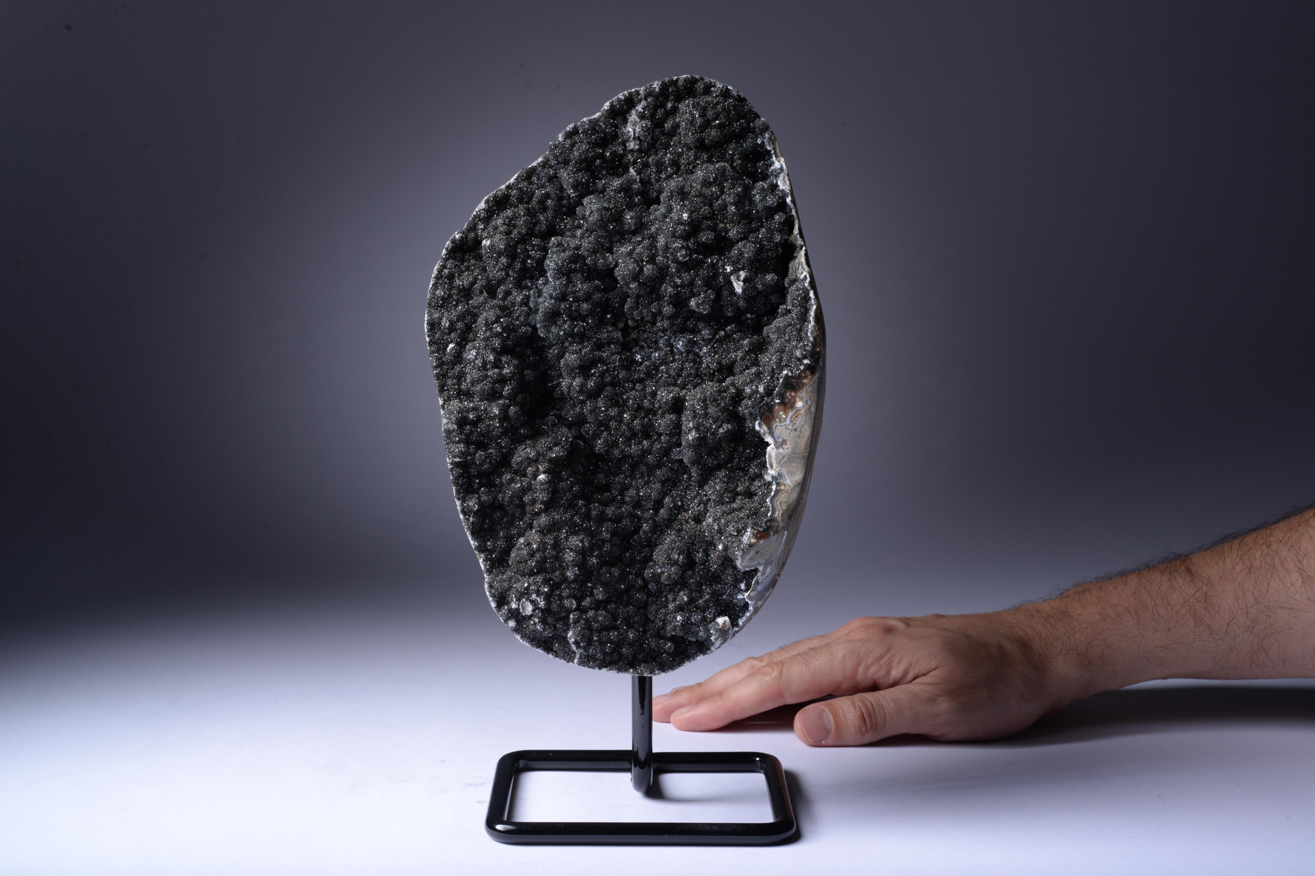 Unusual Black Amethyst Druze Formation on Metal Stand In Excellent Condition For Sale In London, GB