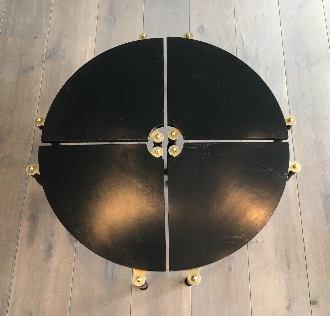 Mid-Century Modern Unusual Black Wood and Brass Coffee Table Divided in 4 Quarters