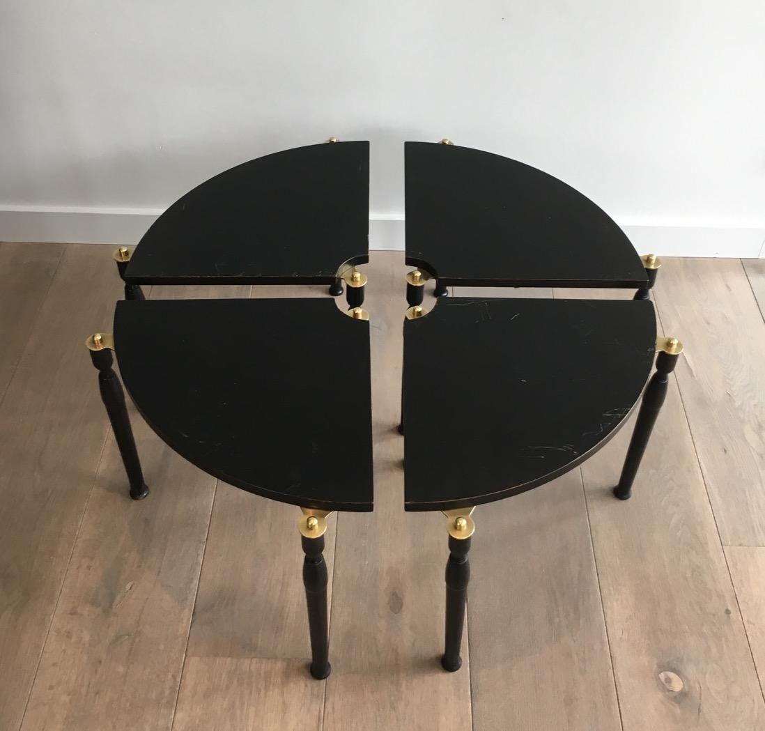 French Unusual Black Wood and Brass Coffee Table Divided in 4 Quarters