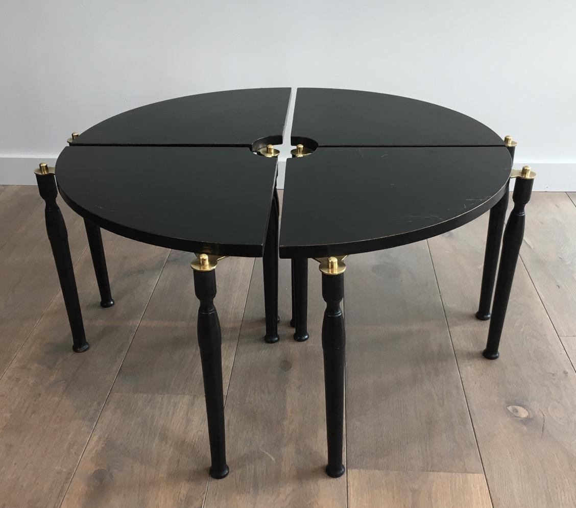 Painted Unusual Black Wood and Brass Coffee Table Divided in 4 Quarters