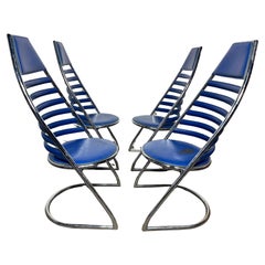 Unusual Blue Leather dining chairs by Giancarlo Vegni  / Fasem, set of 4, 1980s