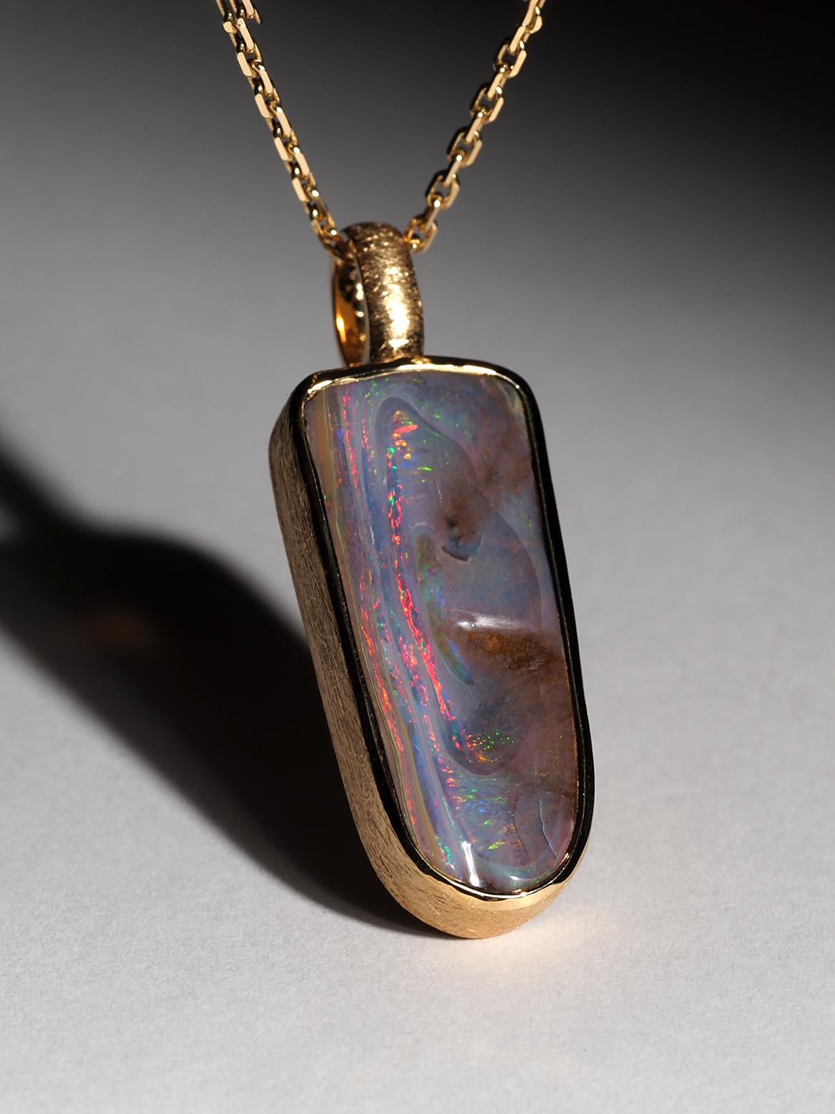 Artisan Unusual Boulder Opal Silver 18k Gold necklace anniversary gift for men For Sale