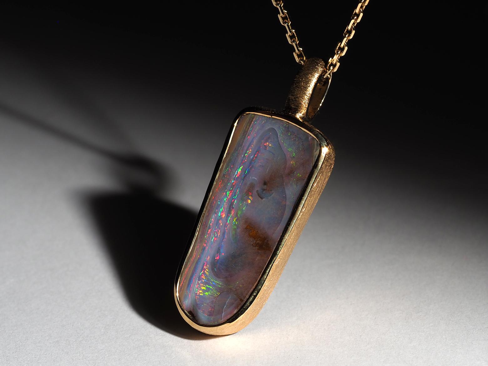 Square Cut Unusual Boulder Opal Silver 18k Gold necklace anniversary gift for men For Sale