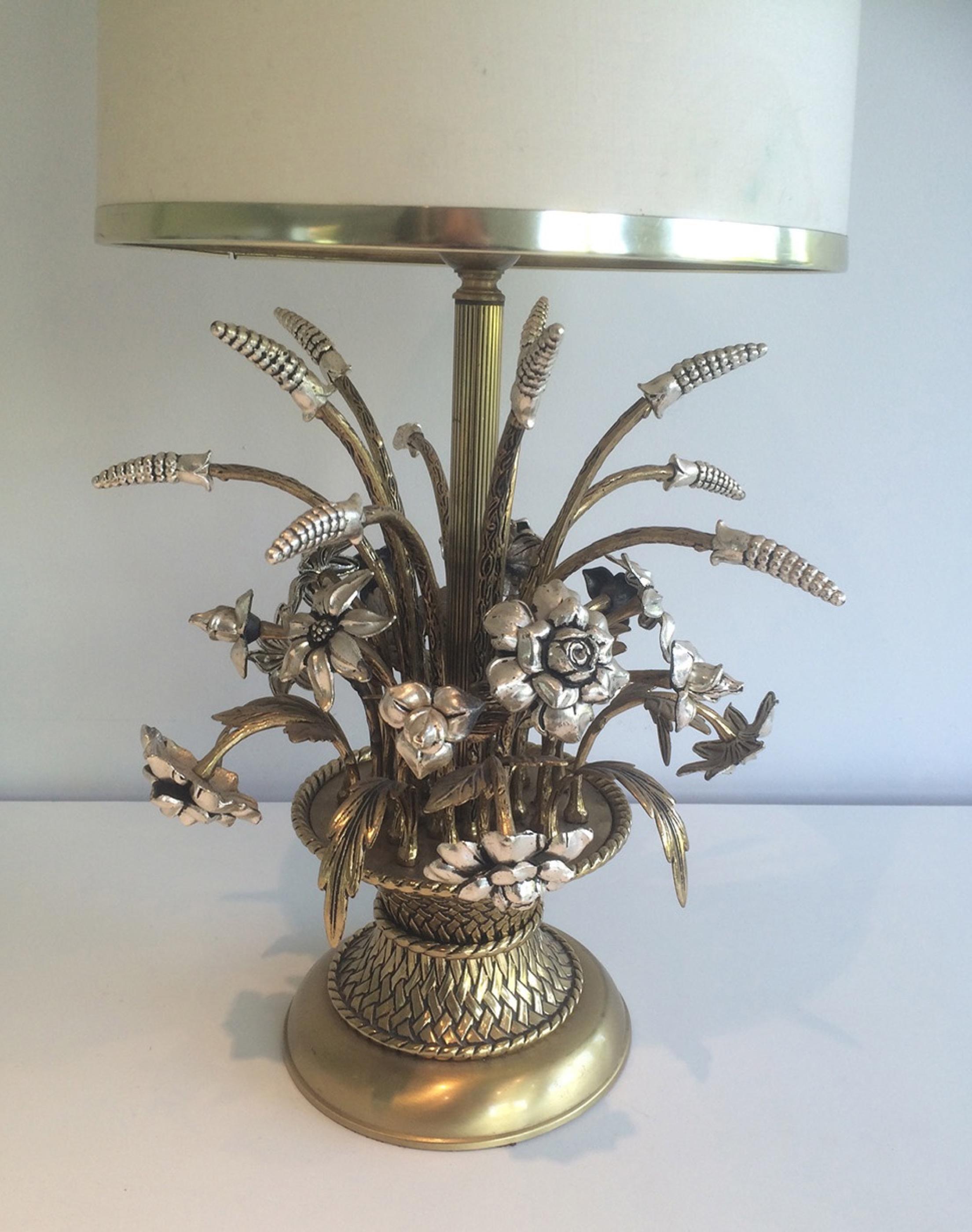 French Unusual Brass and Silver Bouquet of Flowers Table Lamp, circa 1960
