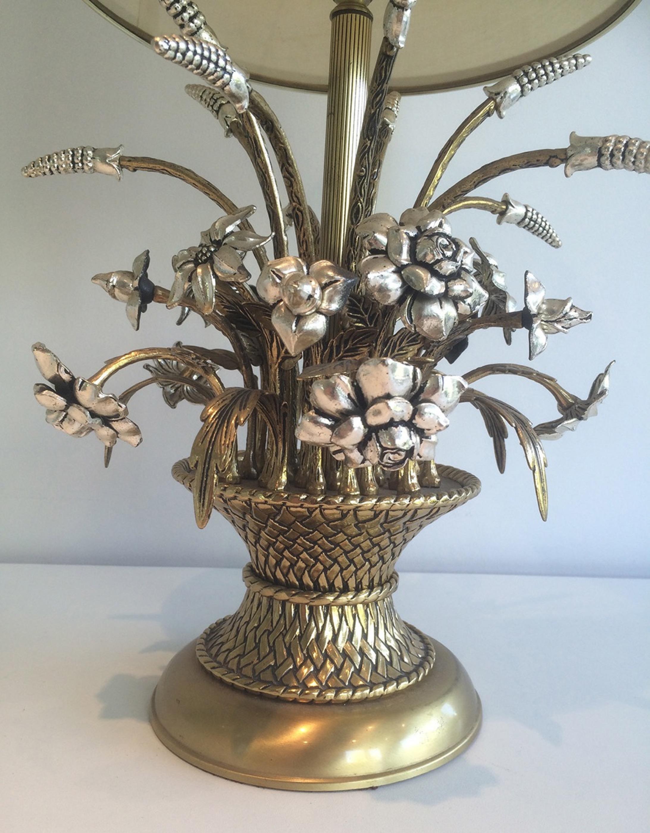 Unusual Brass and Silver Bouquet of Flowers Table Lamp, circa 1960 In Good Condition In Marcq-en-Barœul, Hauts-de-France