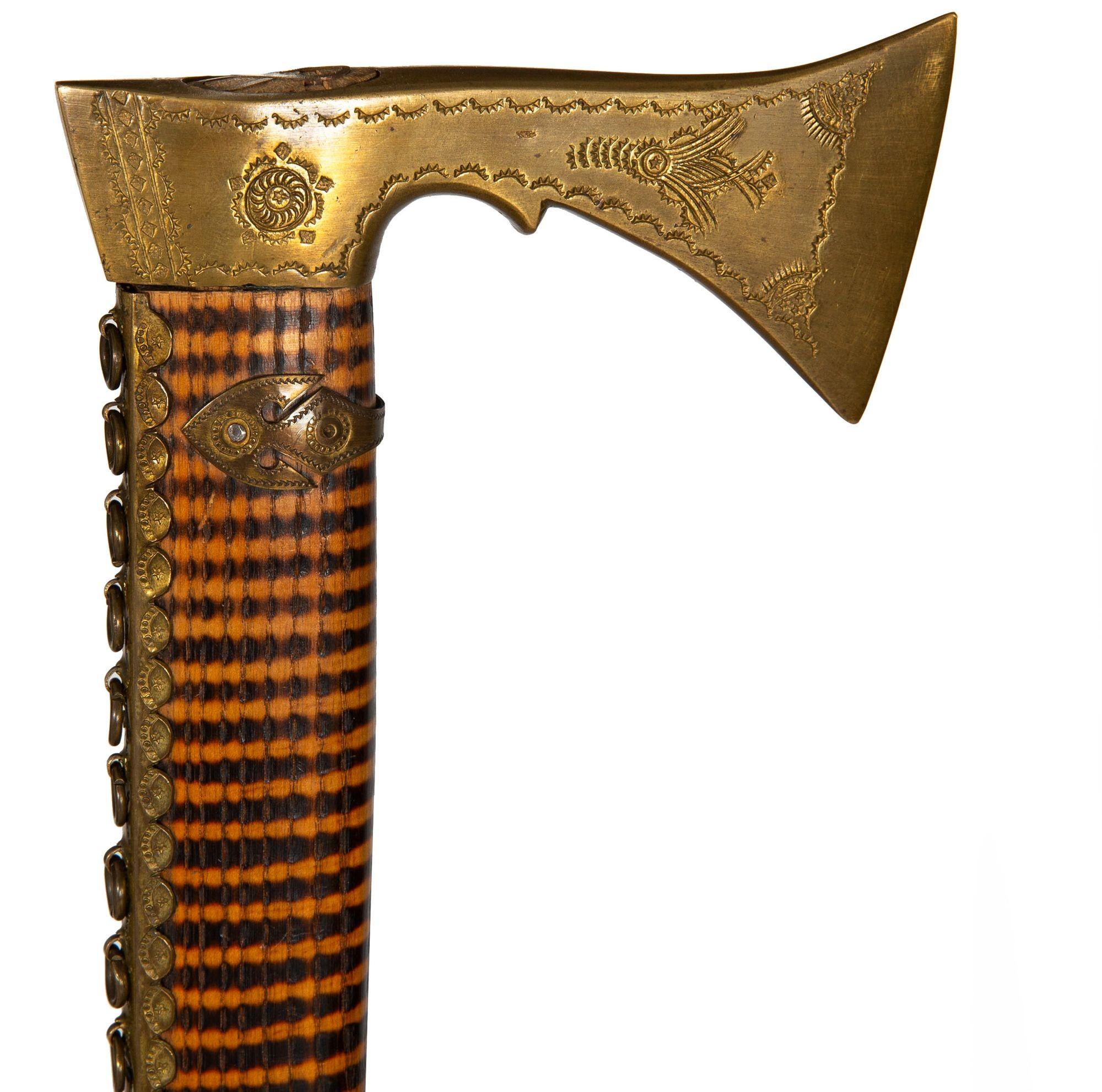 American Unusual Brass & Burnt Hardwood Tomahawk-Form Cane Walking Stick For Sale