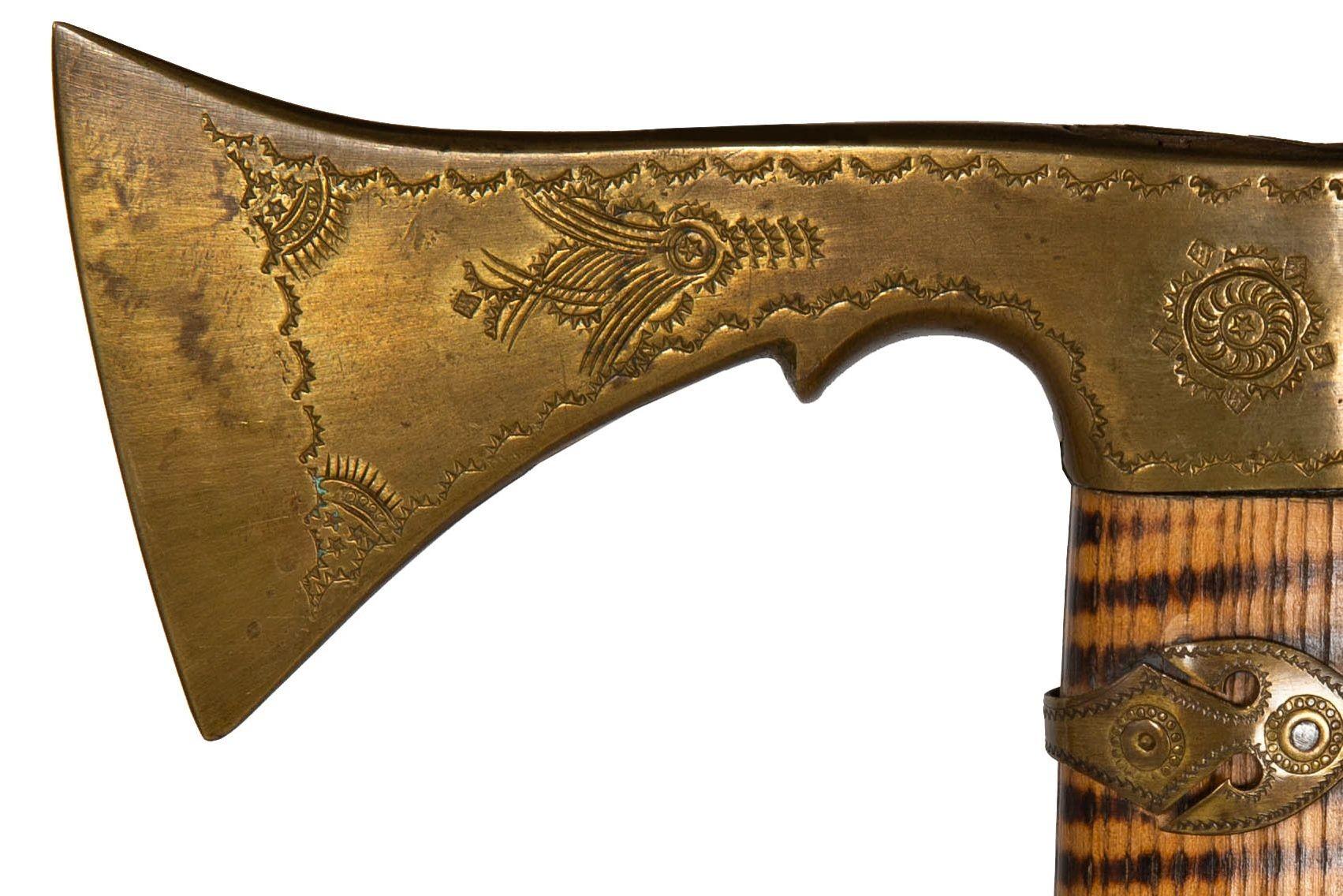 Unusual Brass & Burnt Hardwood Tomahawk-Form Cane Walking Stick For Sale 1