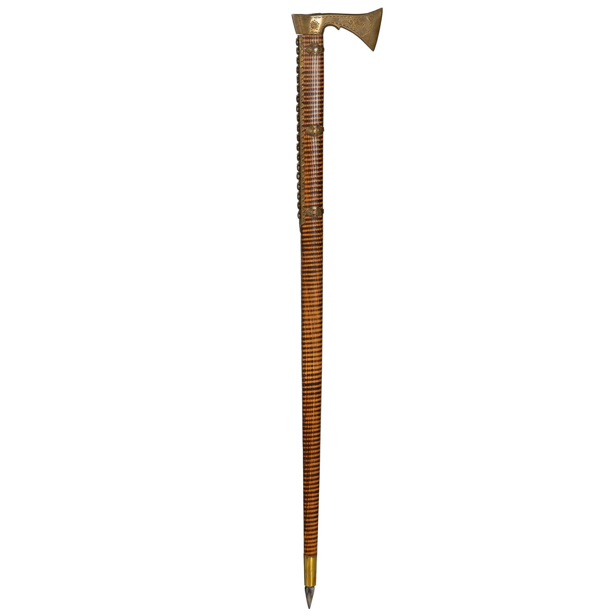 Unusual Brass & Burnt Hardwood Tomahawk-Form Cane Walking Stick For Sale 3