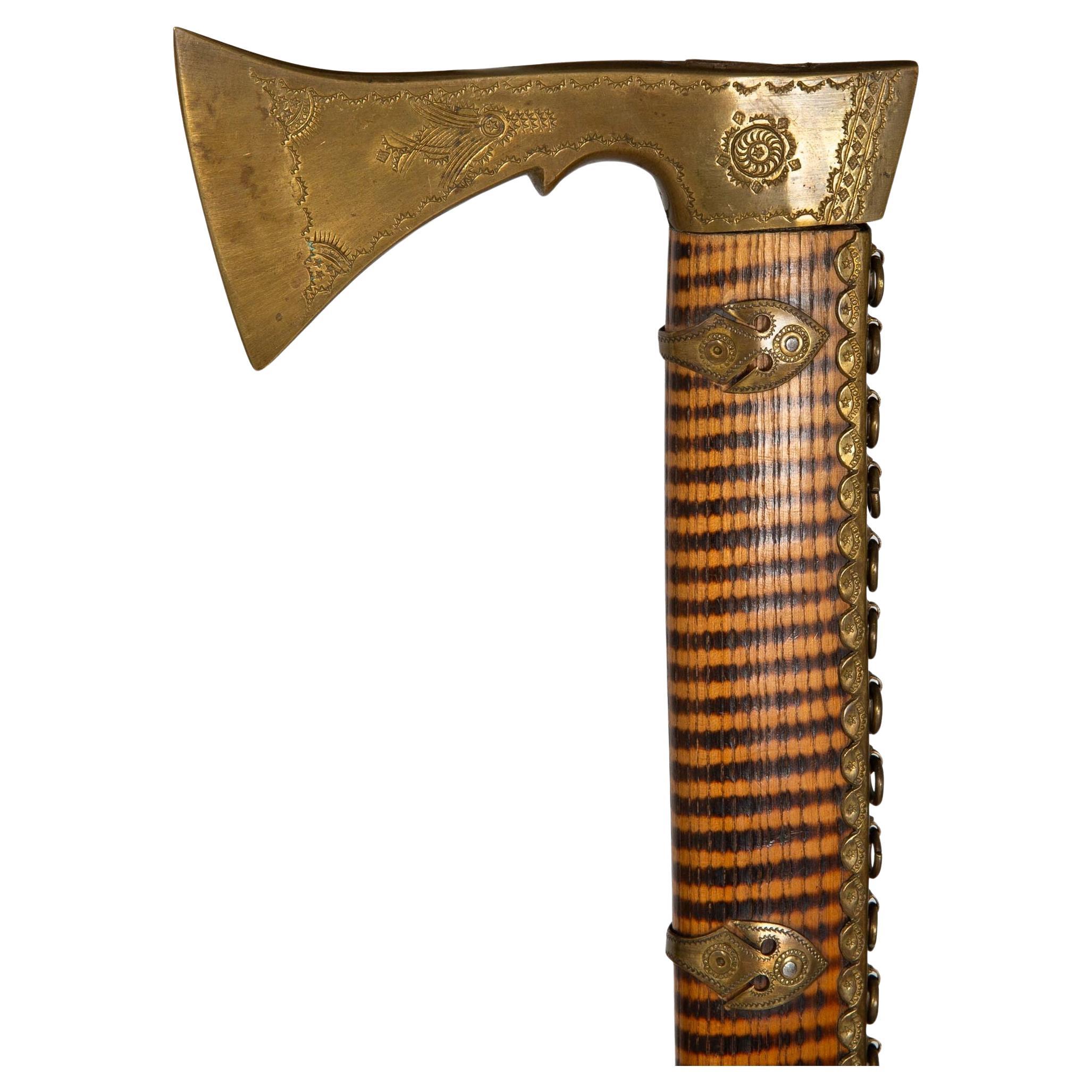 Unusual Brass & Burnt Hardwood Tomahawk-Form Cane Walking Stick For Sale