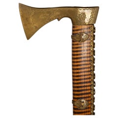 Unusual Brass & Burnt Hardwood Tomahawk-Form Cane Walking Stick
