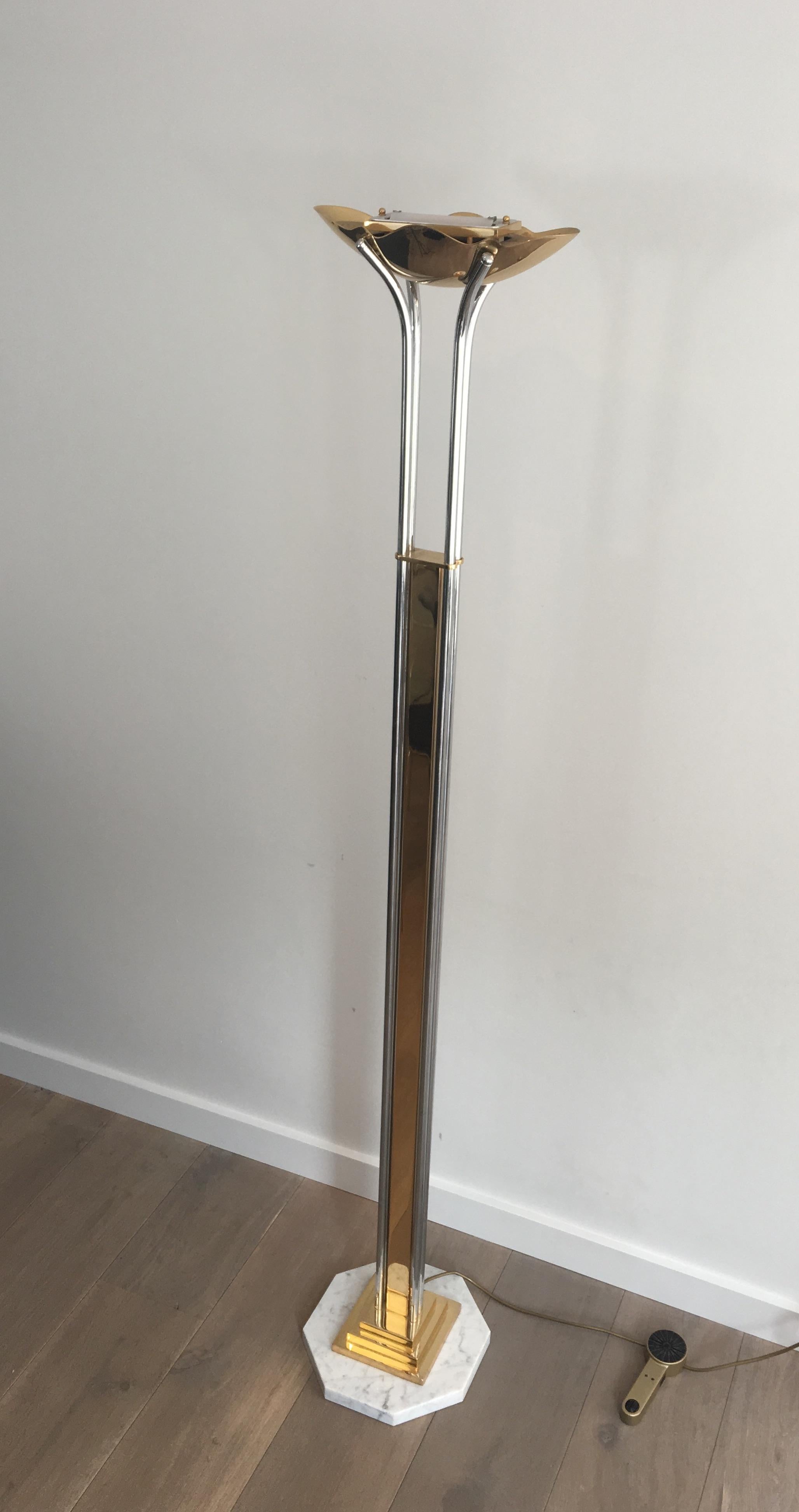 Mid-Century Modern Unusual Brass, Chrome and Marble Floor Lamp, French, circa 1970 For Sale