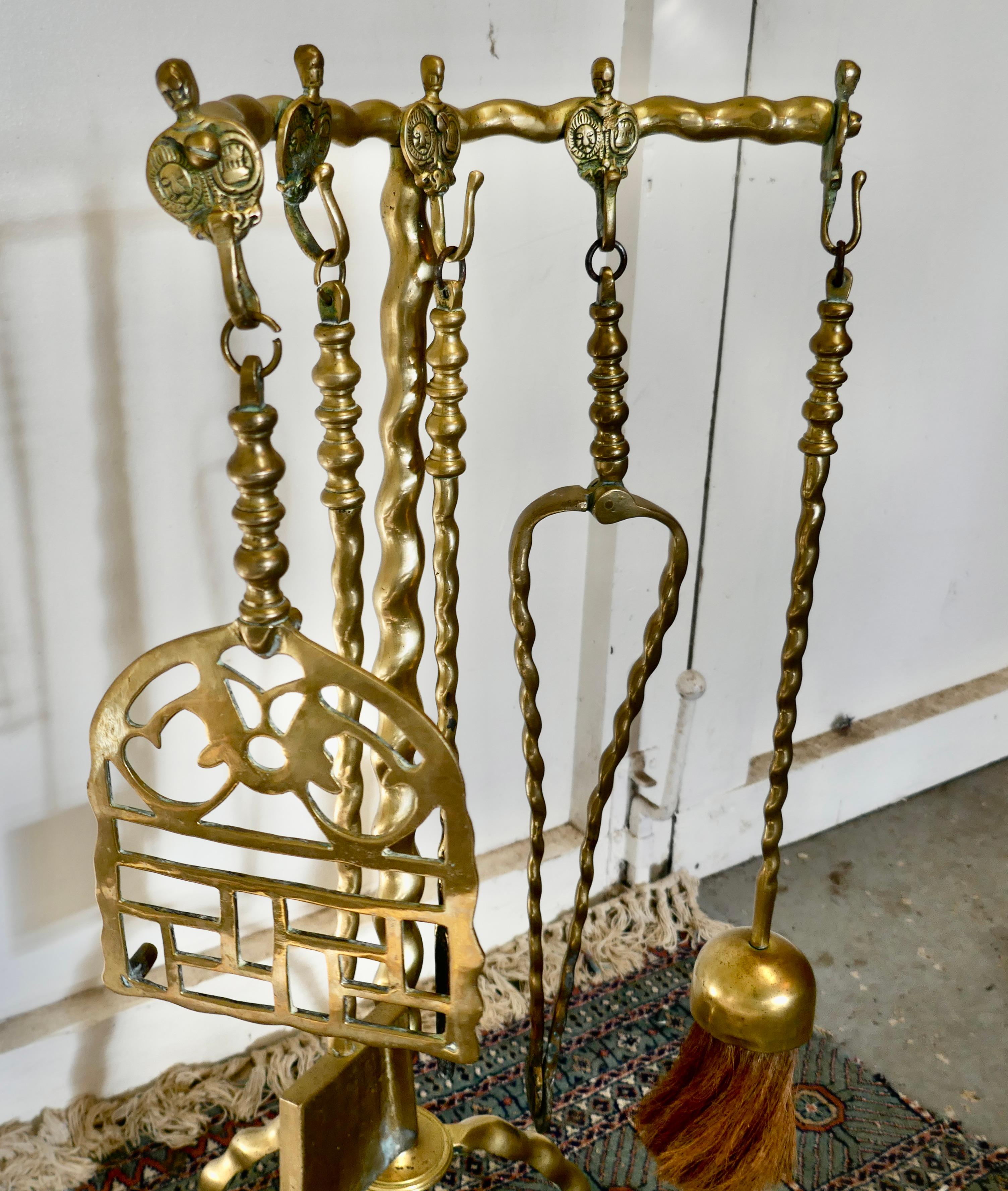 19th Century Unusual Brass Fireside Companion Set, 5 Fireside Tools