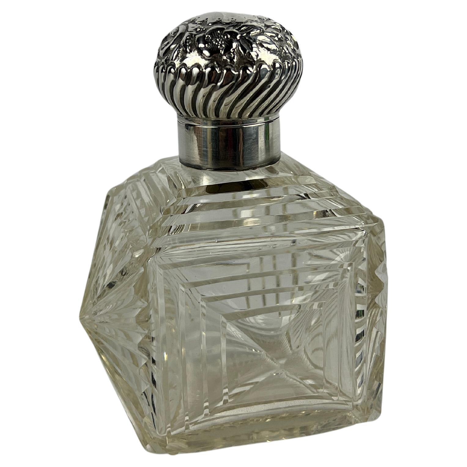 Unusual British Sterling Silver & Cut Glass Repousse Perfume Bottle