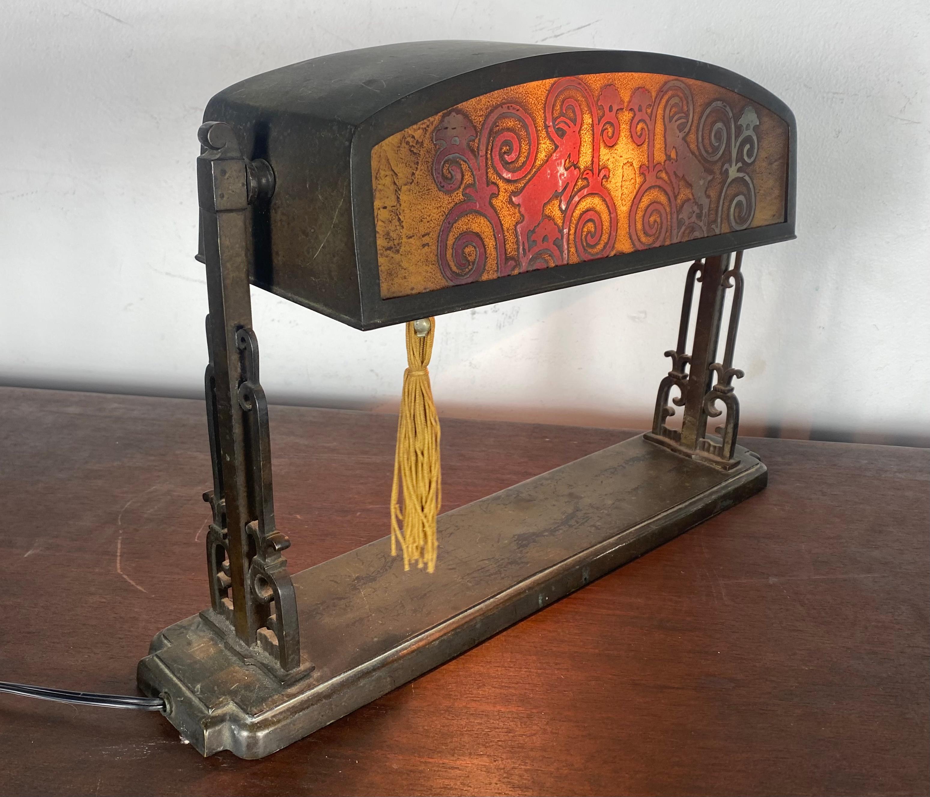 Bronze & Acid Etched Glass Table / Desk Lamp, Rams Head Motif attr Oscar Bach In Good Condition For Sale In Buffalo, NY