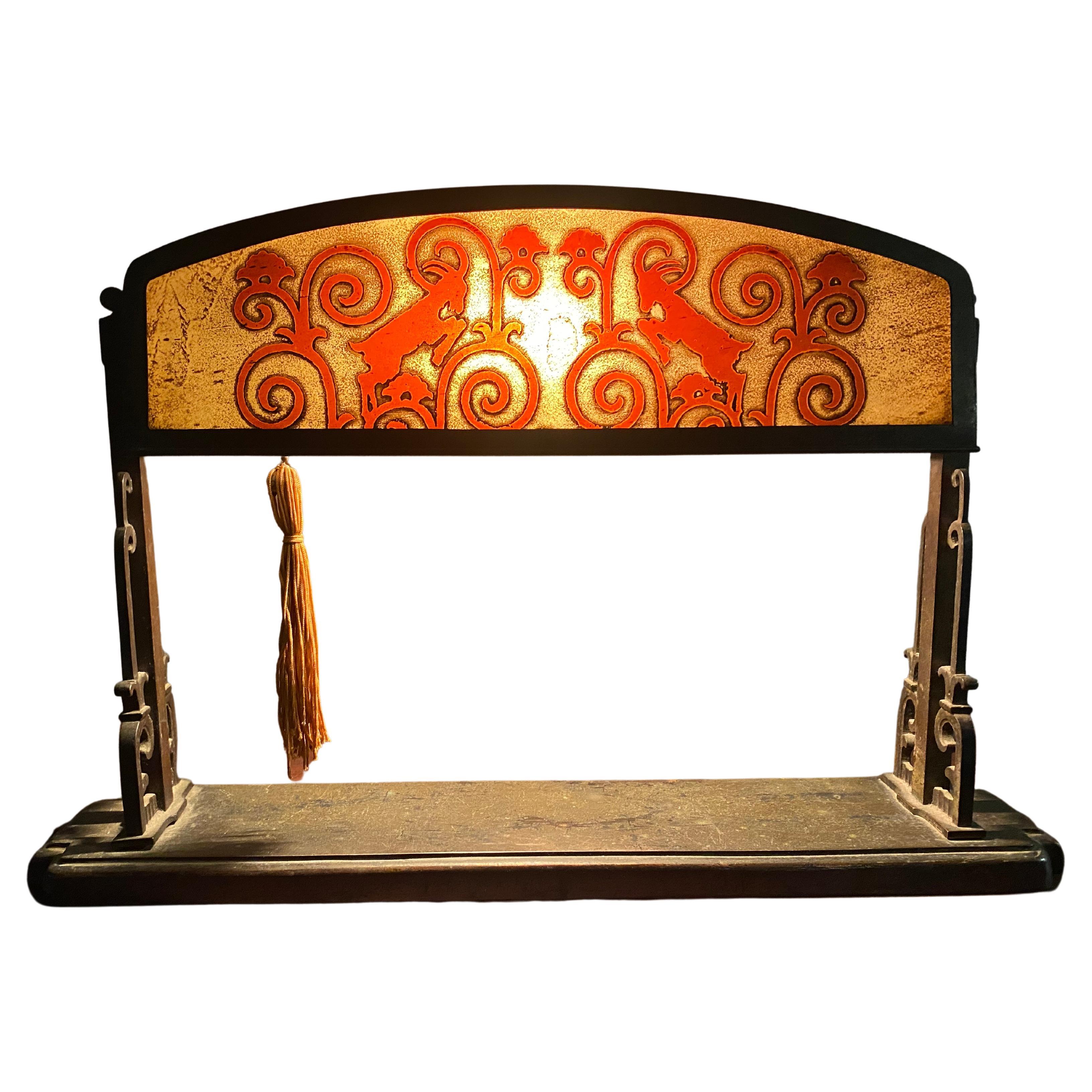 Bronze & Acid Etched Glass Table / Desk Lamp, Rams Head Motif attr Oscar Bach For Sale