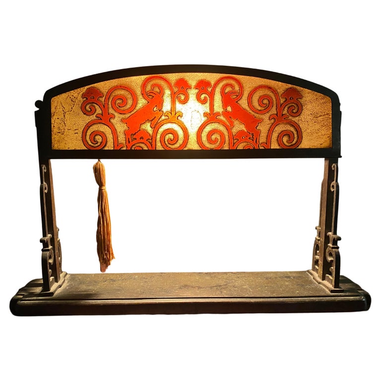 Bronze and Acid Etched Glass Table / Desk Lamp, Rams Head Motif attr Oscar Bach For Sale at 1stDibs