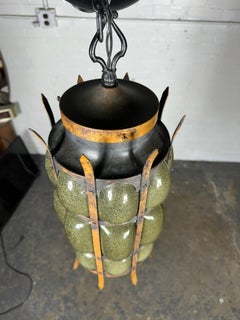 Unusual Brutal Modernist Blown Glass and Iron Hanging Pendant Lamp /MOE lighting