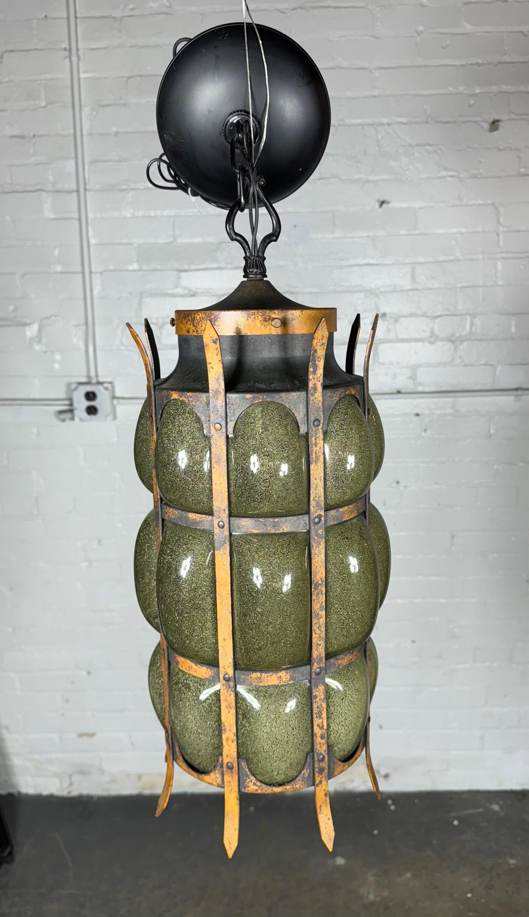 Mid-Century Modern Unusual Brutal Modernist Blown Glass and Iron Hanging Pendant Lamp /MOE lighting