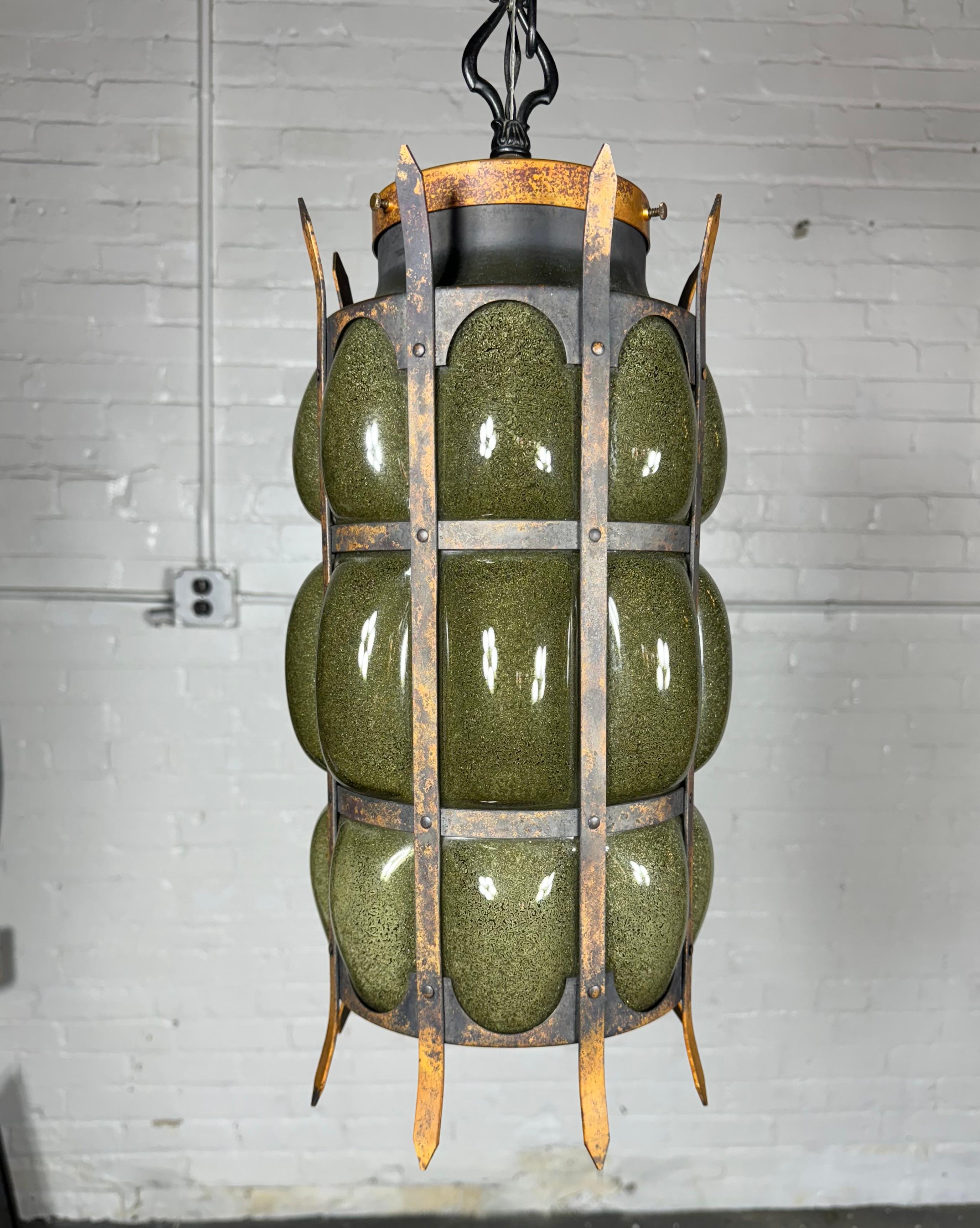 Unusual Brutal Modernist Blown Glass and Iron Hanging Pendant Lamp /MOE lighting In Good Condition In Buffalo, NY