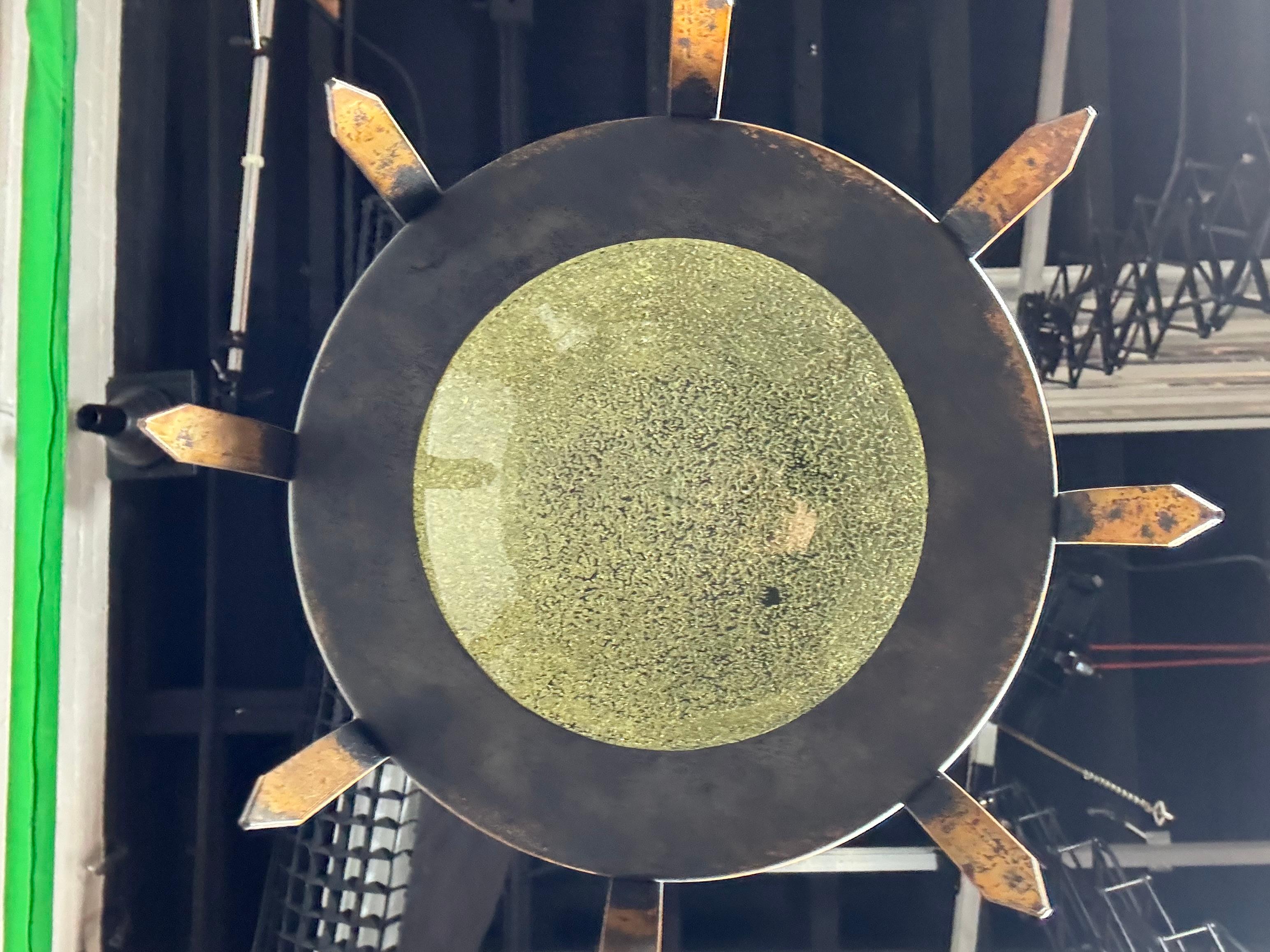 Mid-20th Century Unusual Brutal Modernist Blown Glass and Iron Hanging Pendant Lamp /MOE lighting