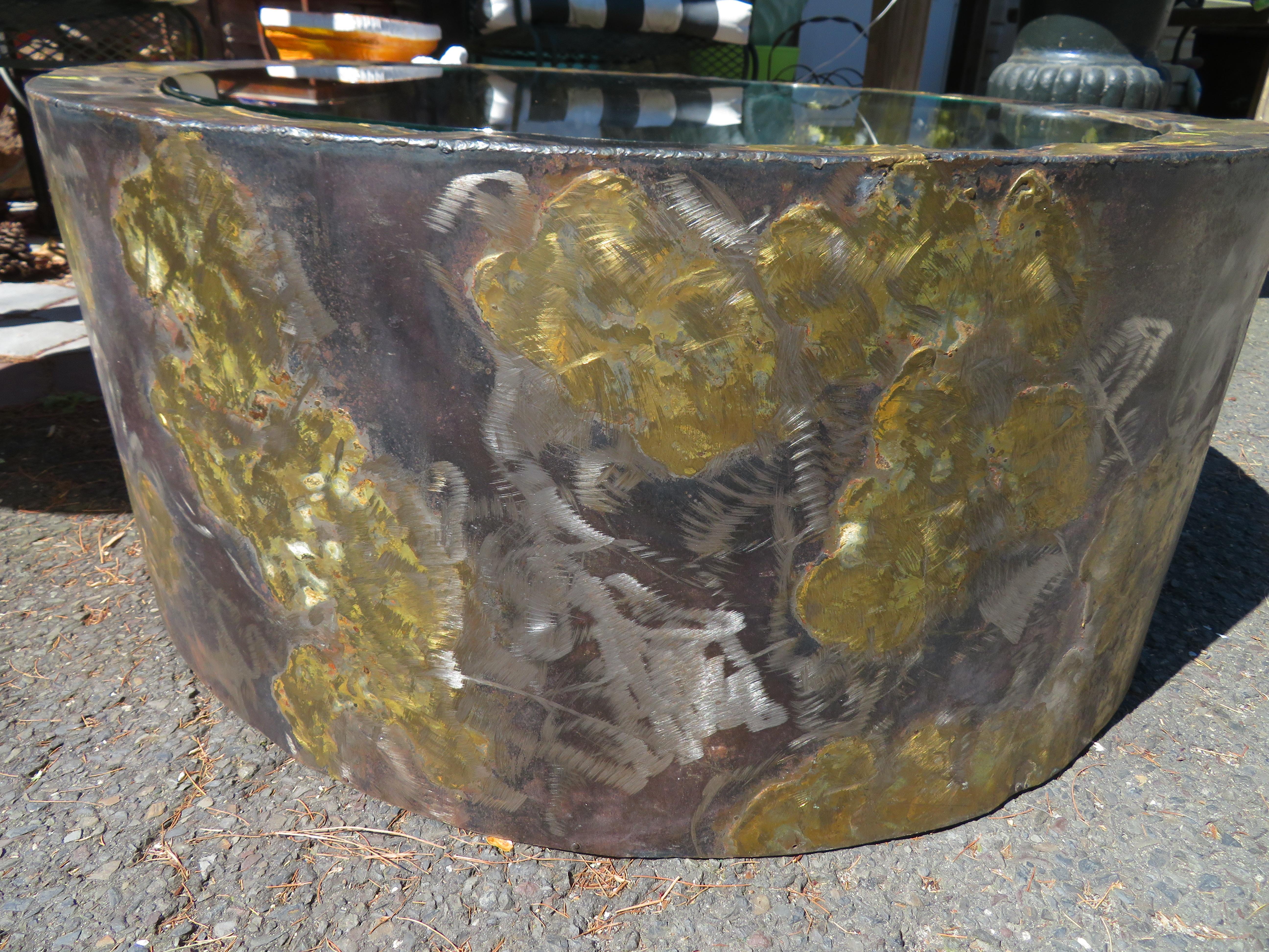 American Unusual Brutalist Silas Seandel Attr. Brass Steel Glass Cylinder Coffee Table For Sale