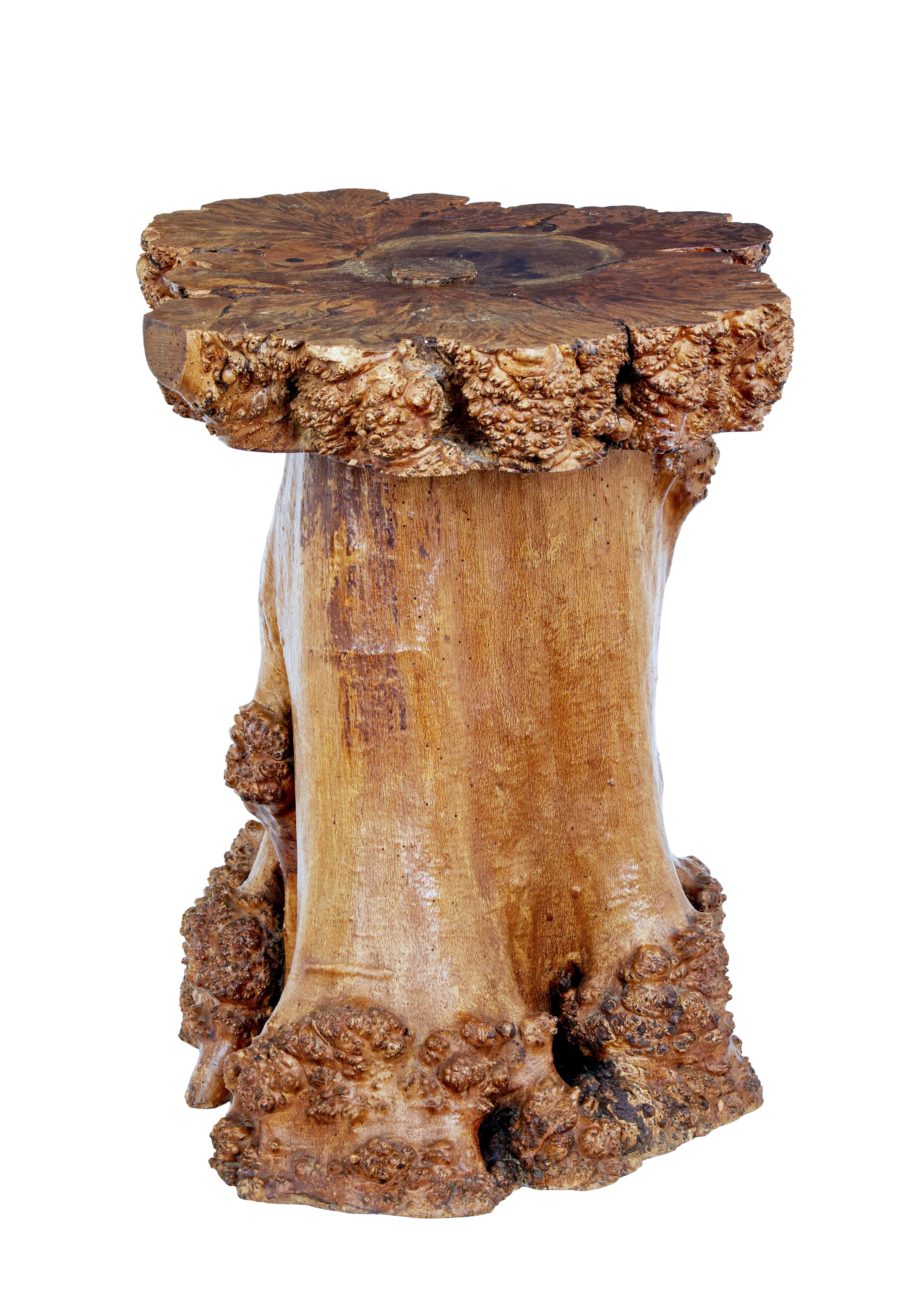 Rare and unusual burr birch stump table, circa 1900.

Top section made from the burr section of the tree with the base forming the stand.

Top showing a complete section of a tree with patches for structural support. Standing on a complete