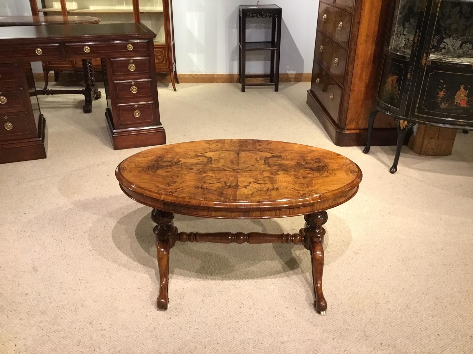 Unusual Burr Walnut and Walnut Victorian Period Oval Coffee Table with Slide 6