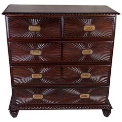 Unusual Campaign Rosewood Chest of Drawers with Sunburst Carved Drawer Fronts