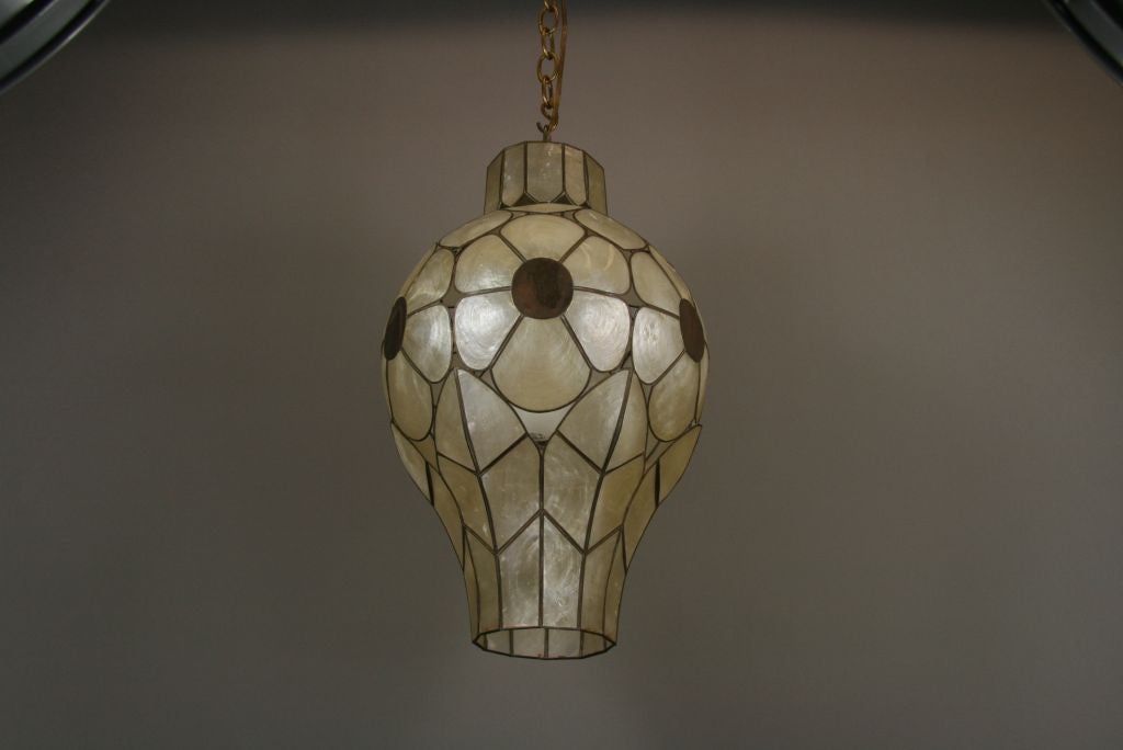 Unusual Mid Century Capiz Shell Pendant/Lantern In Good Condition For Sale In Douglas Manor, NY