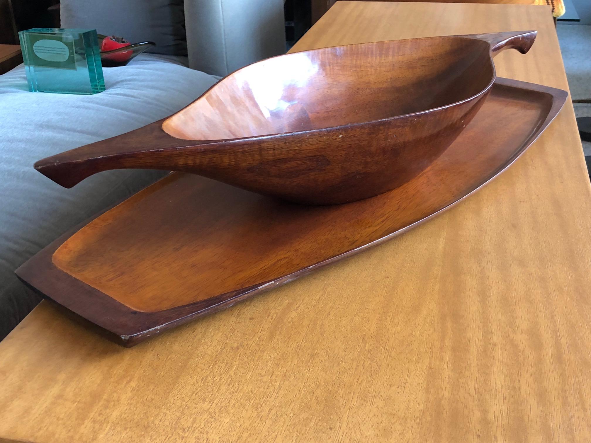 South American Unusual Carved Mahogany Bowl with Tray For Sale