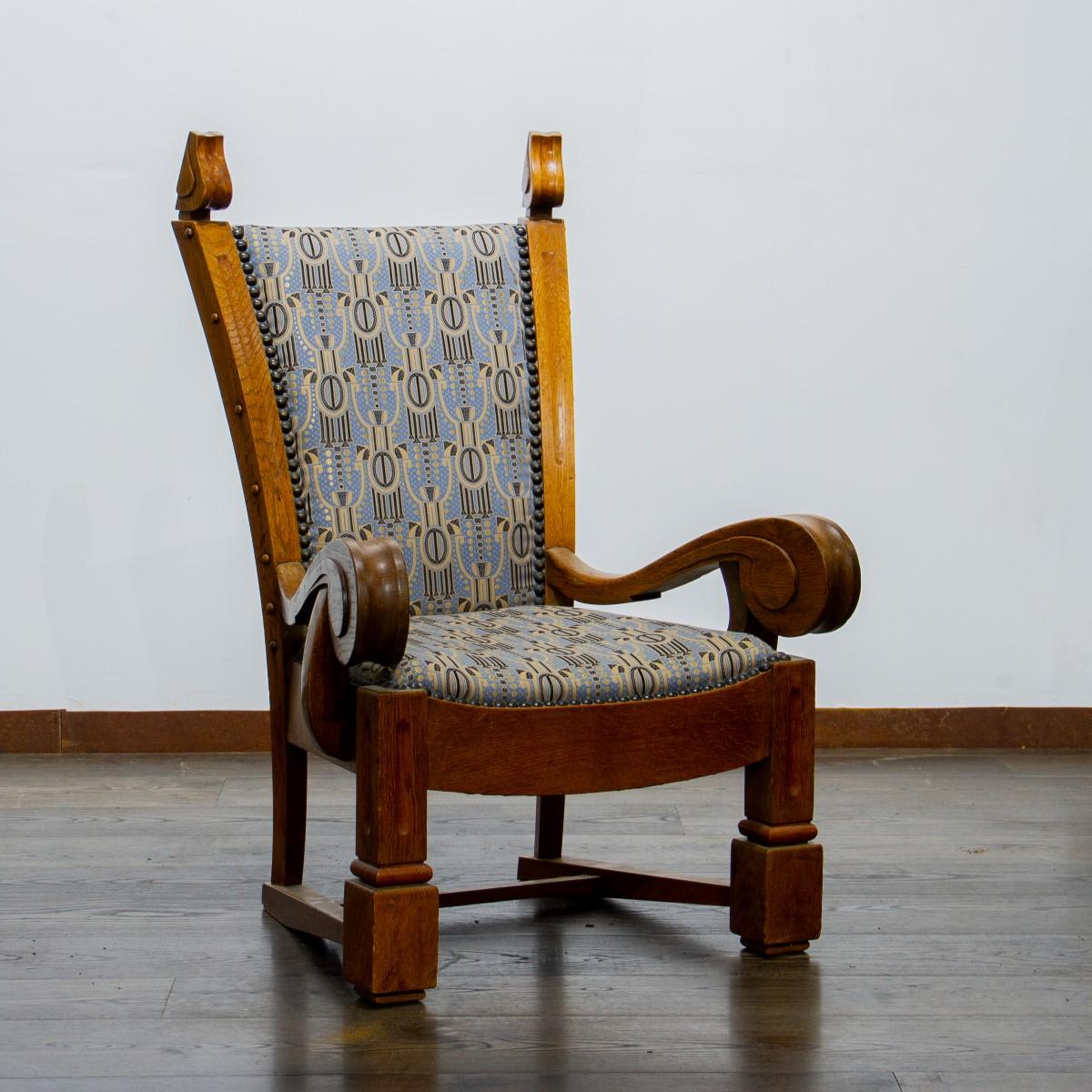 Art Nouveau Unusual Carved Oak Danish Wing Chair