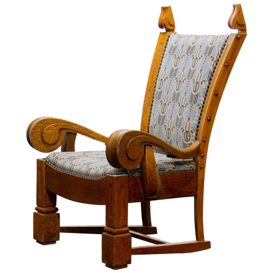 Unusual Carved Oak Danish Wing Chair