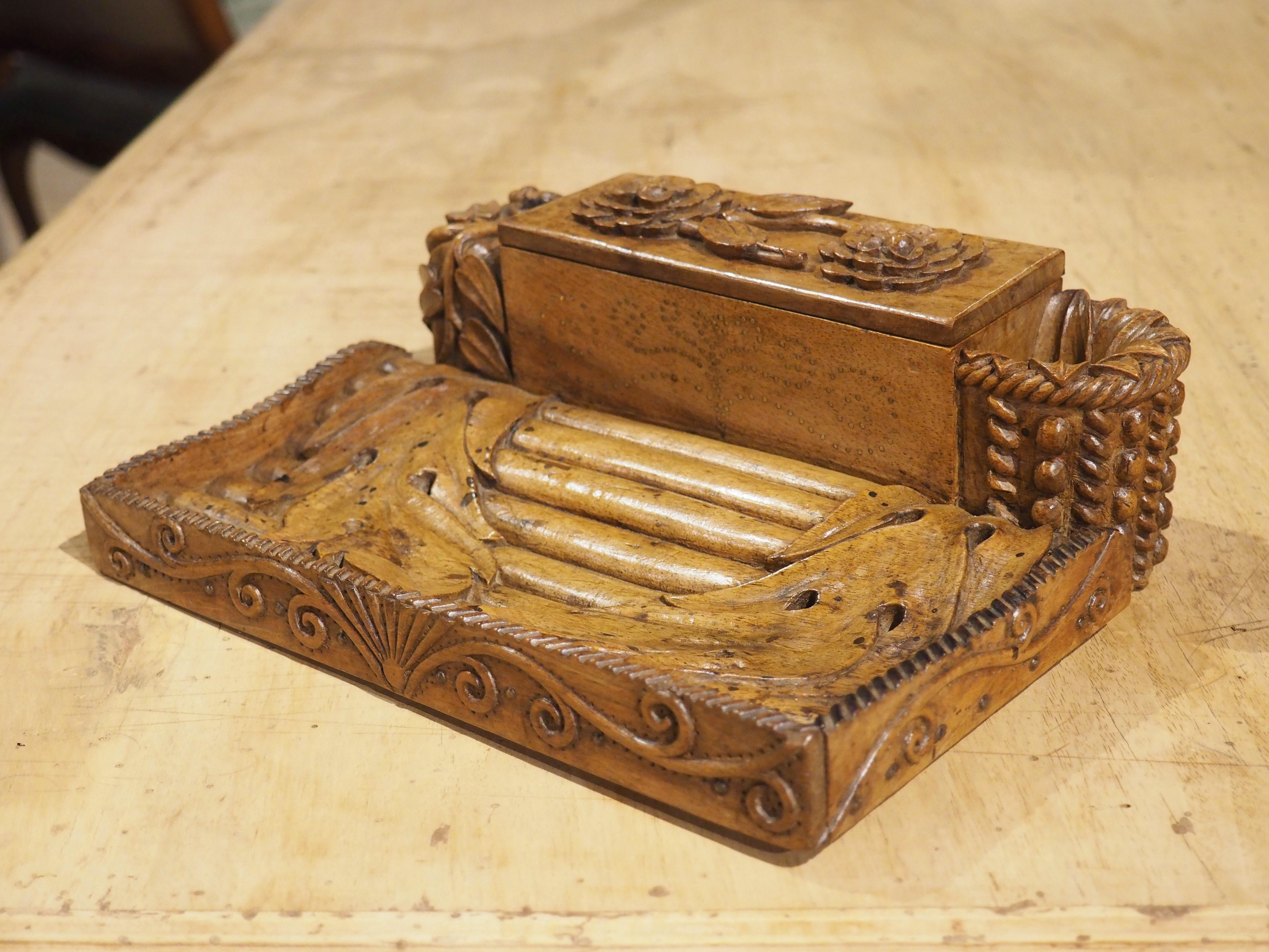 Unusual Carved Walnut Wood Inkwell from France, Circa 1880 For Sale 7