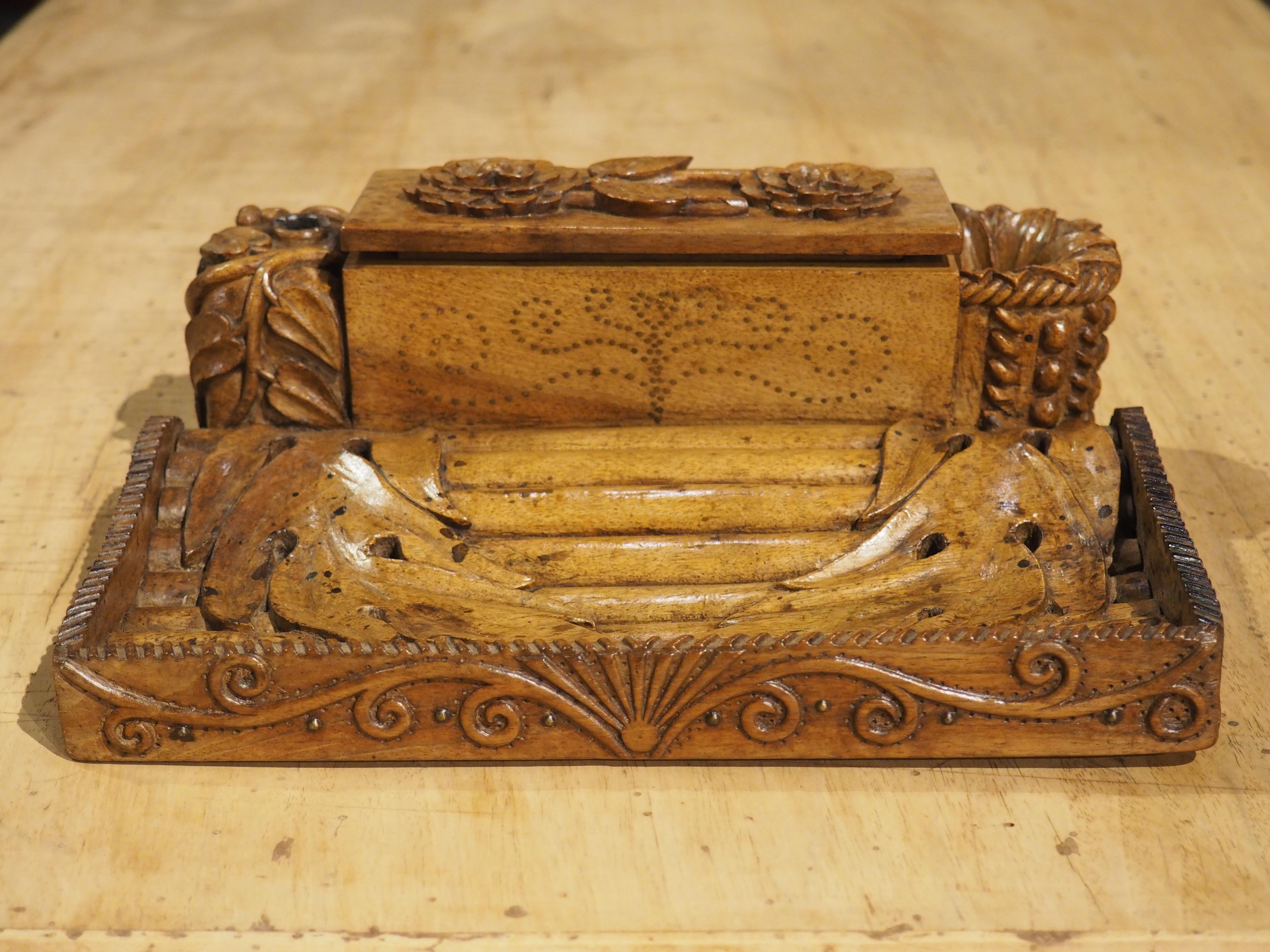 French Unusual Carved Walnut Wood Inkwell from France, Circa 1880 For Sale
