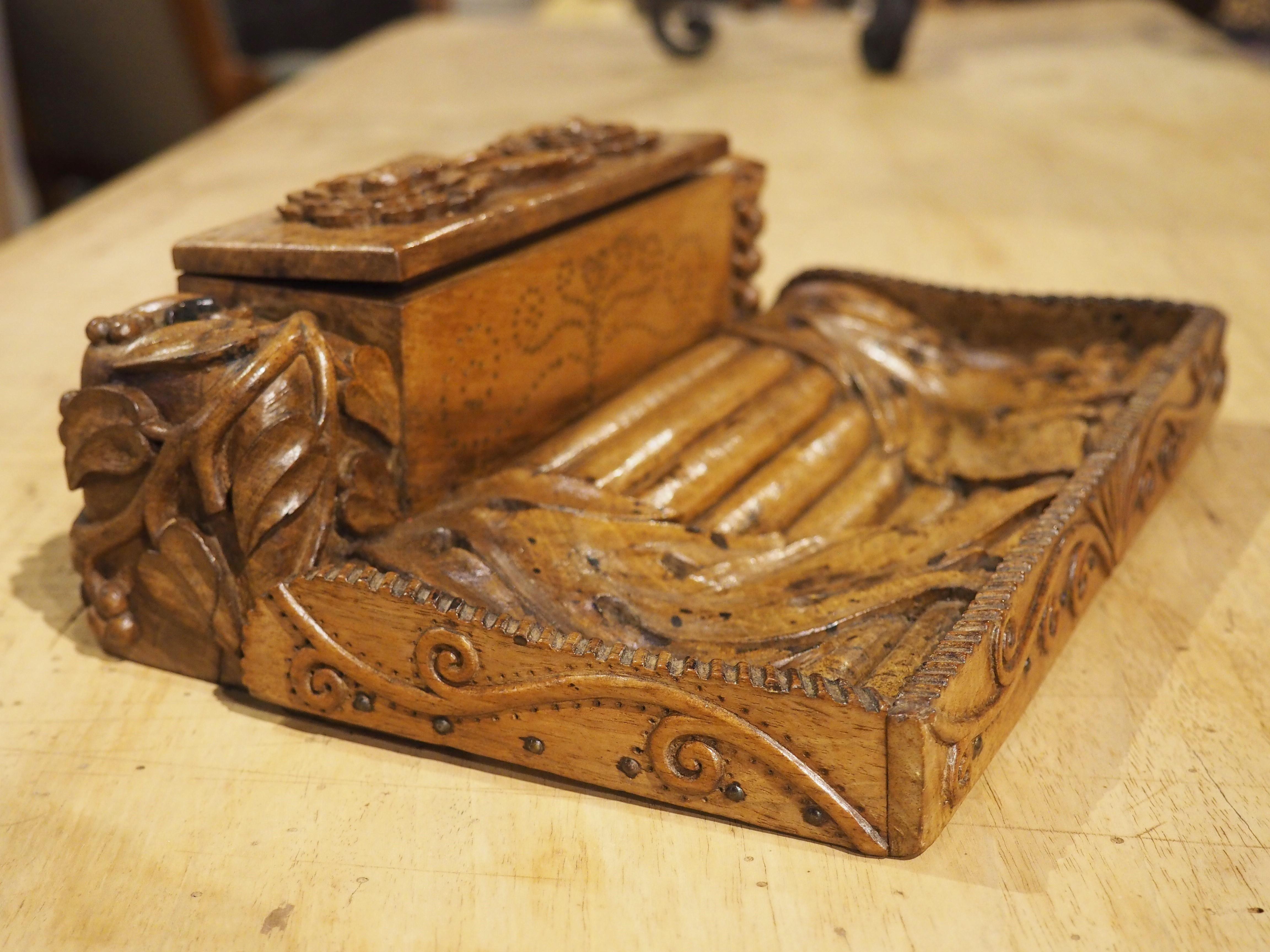 Unusual Carved Walnut Wood Inkwell from France, Circa 1880 For Sale 1