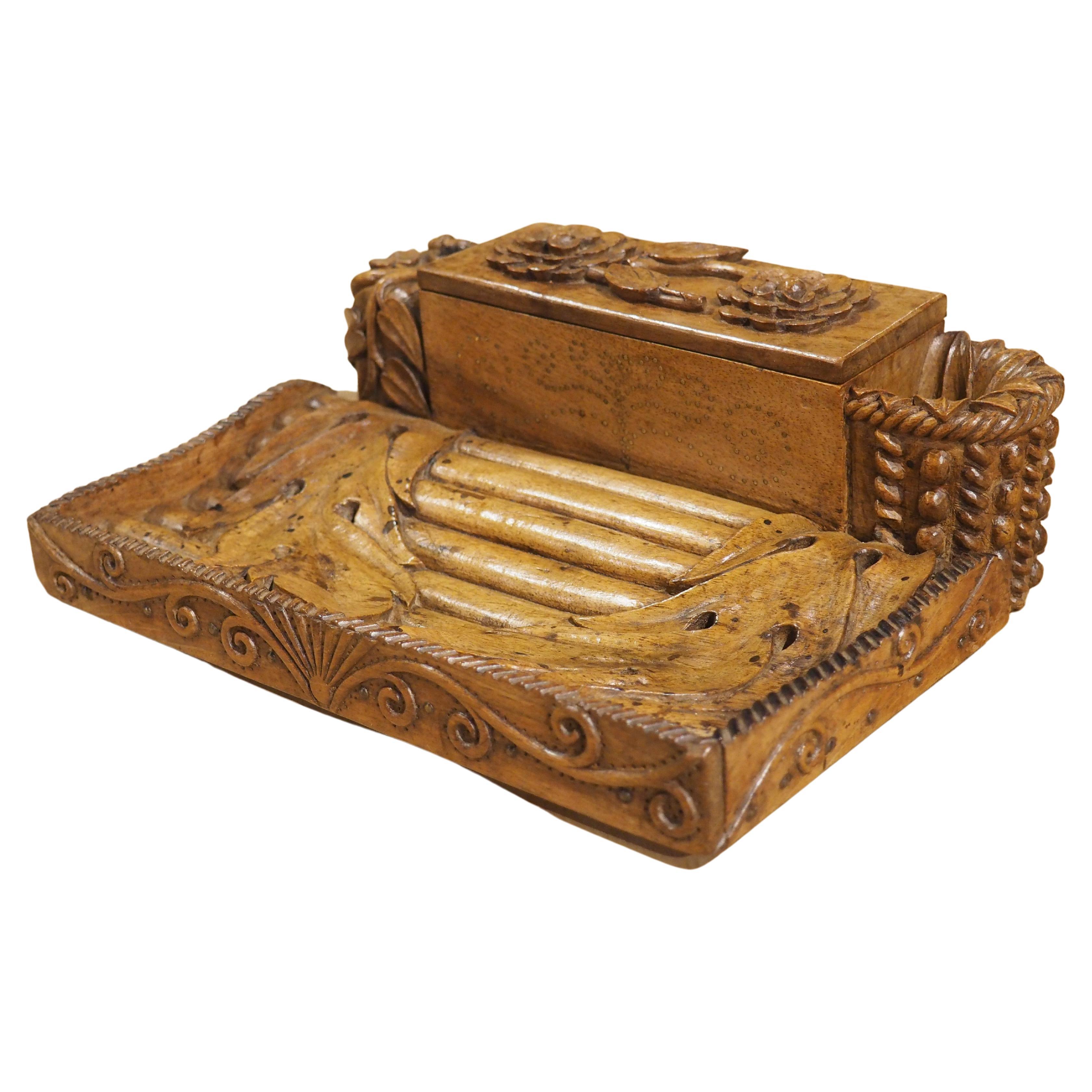 Unusual Carved Walnut Wood Inkwell from France, Circa 1880