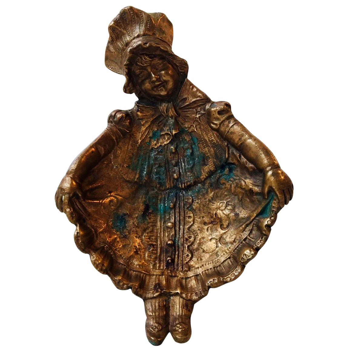 Unusual Cast Bronze Dish or Wall Plaque of Little Girl in Dress, 1920s For Sale