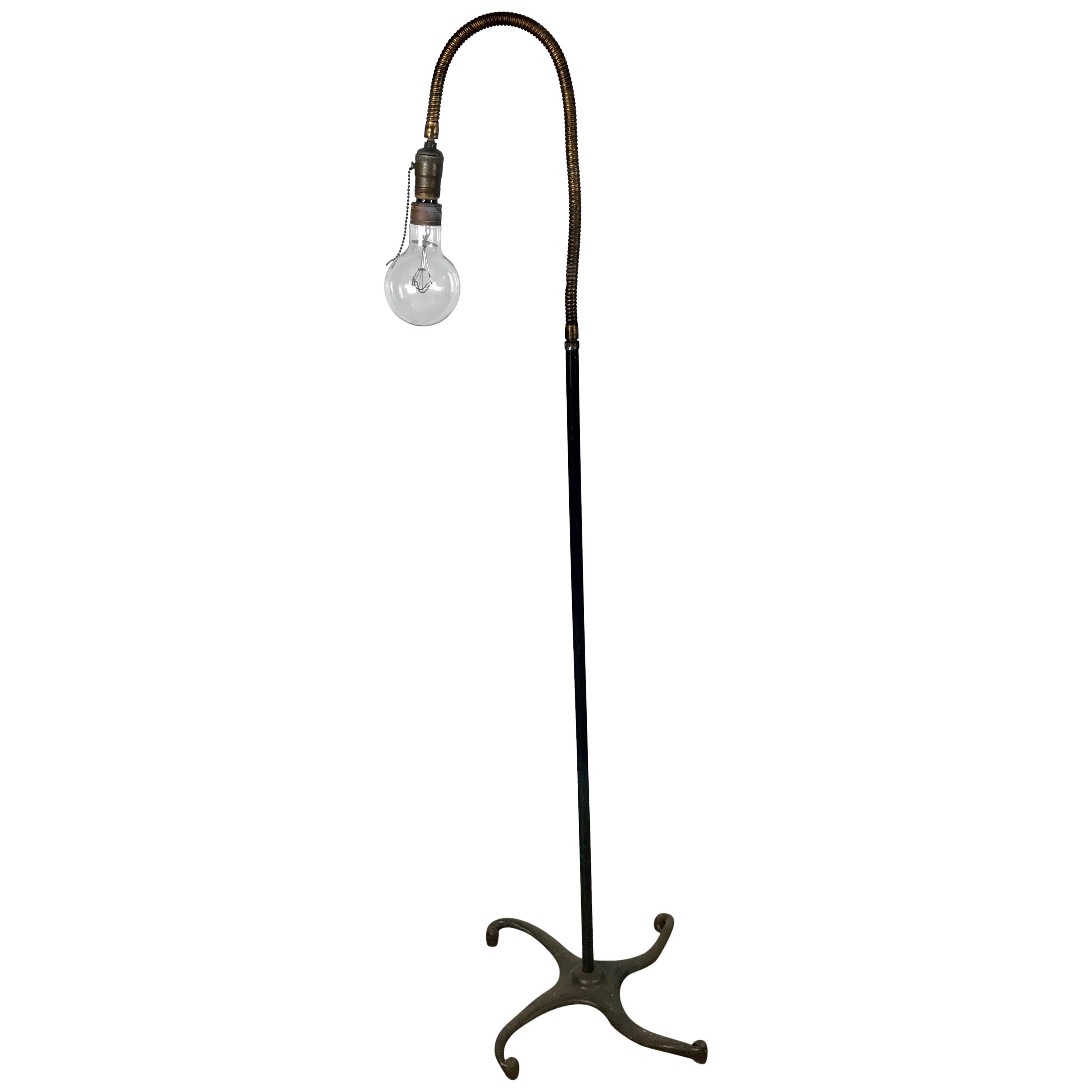 Unusual Cast Iron and Brass Goose-Neck Industrial Floor Lamp, by Hendryx For Sale