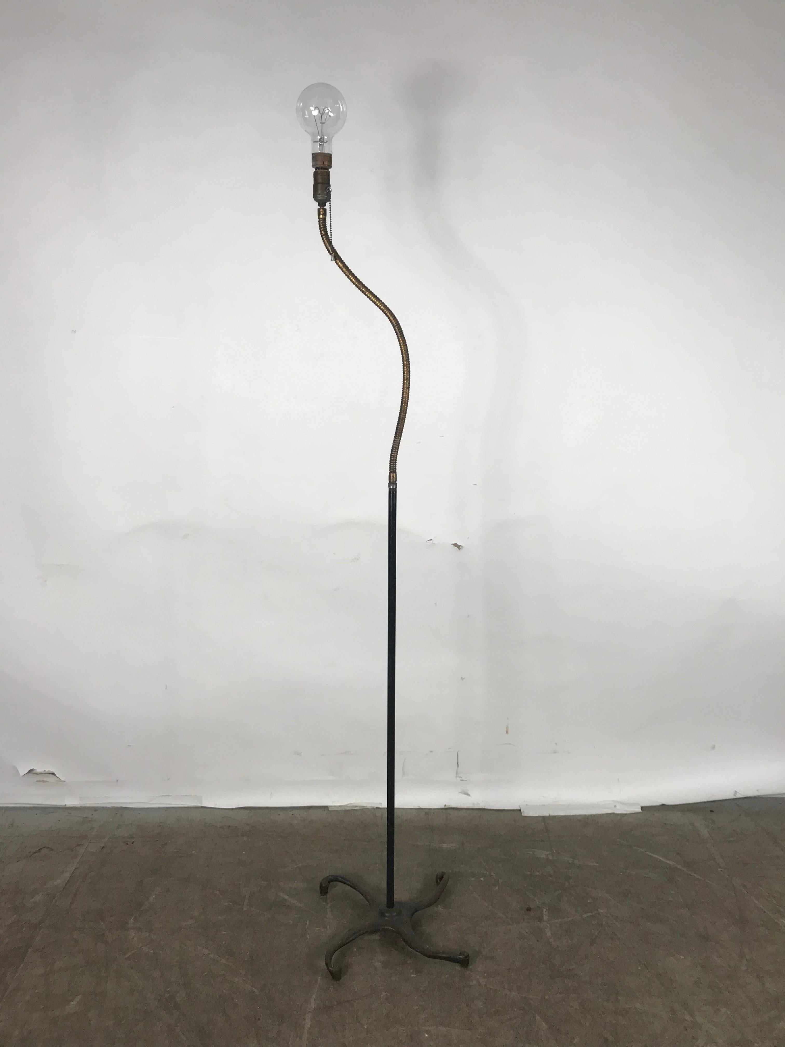 Unusual Cast Iron and Brass Goose-Neck Industrial Floor Lamp, by Hendryx In Distressed Condition For Sale In Buffalo, NY