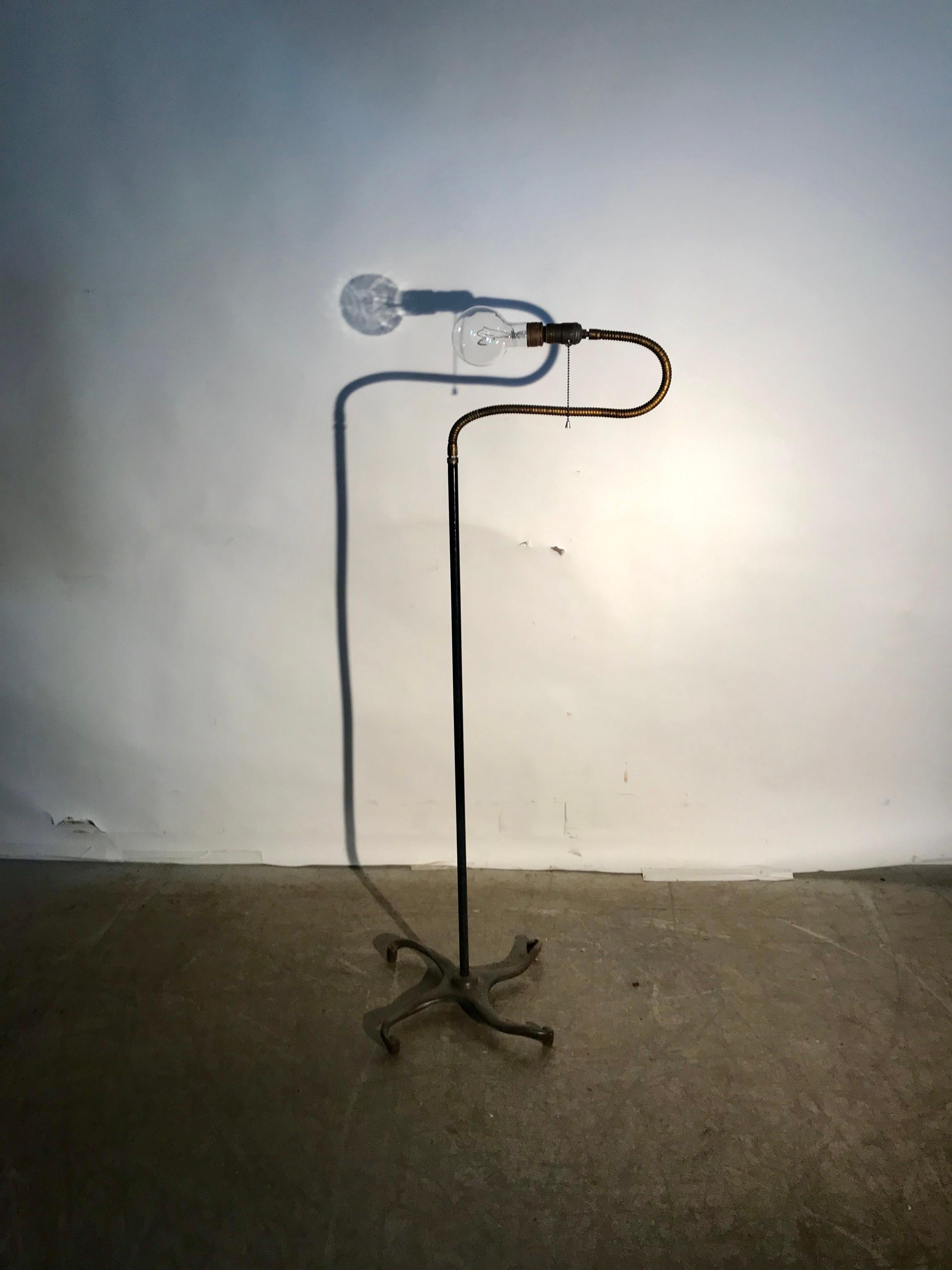Unusual Cast Iron and Brass Goose-Neck Industrial Floor Lamp, by Hendryx In Distressed Condition For Sale In Buffalo, NY