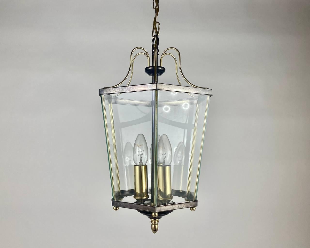 Vintage handcrafted chandelier- lantern for three light points made by Massive, Belgium in the 1980s. 

 A chandelier from Belgian manufacturer is an amazing combination of warranty from the manufacturer and the design of the lighting