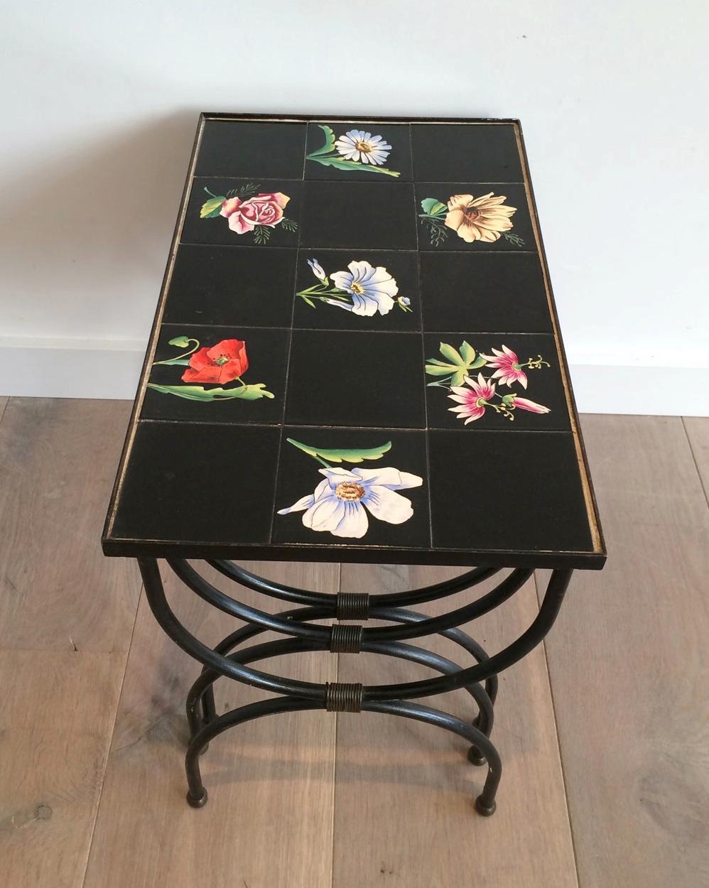 Unusual Ceramic and Black Iron Nesting Tables, French Work, circa 1950 For Sale 5