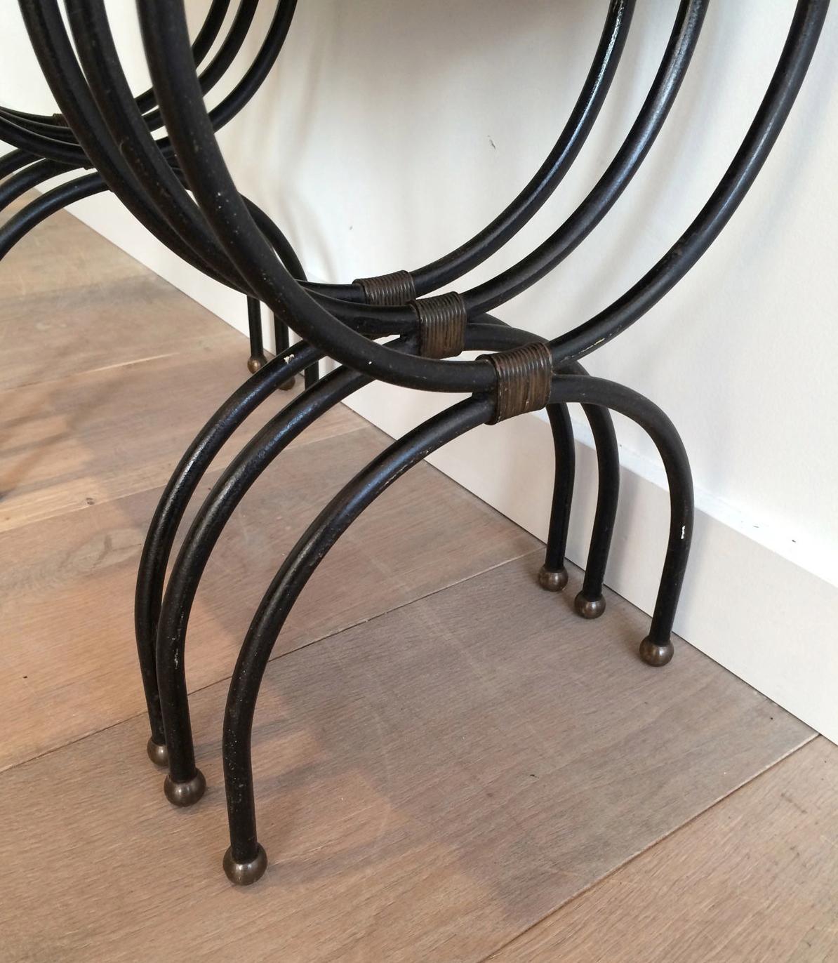 Unusual Ceramic and Black Iron Nesting Tables, French Work, circa 1950 For Sale 6