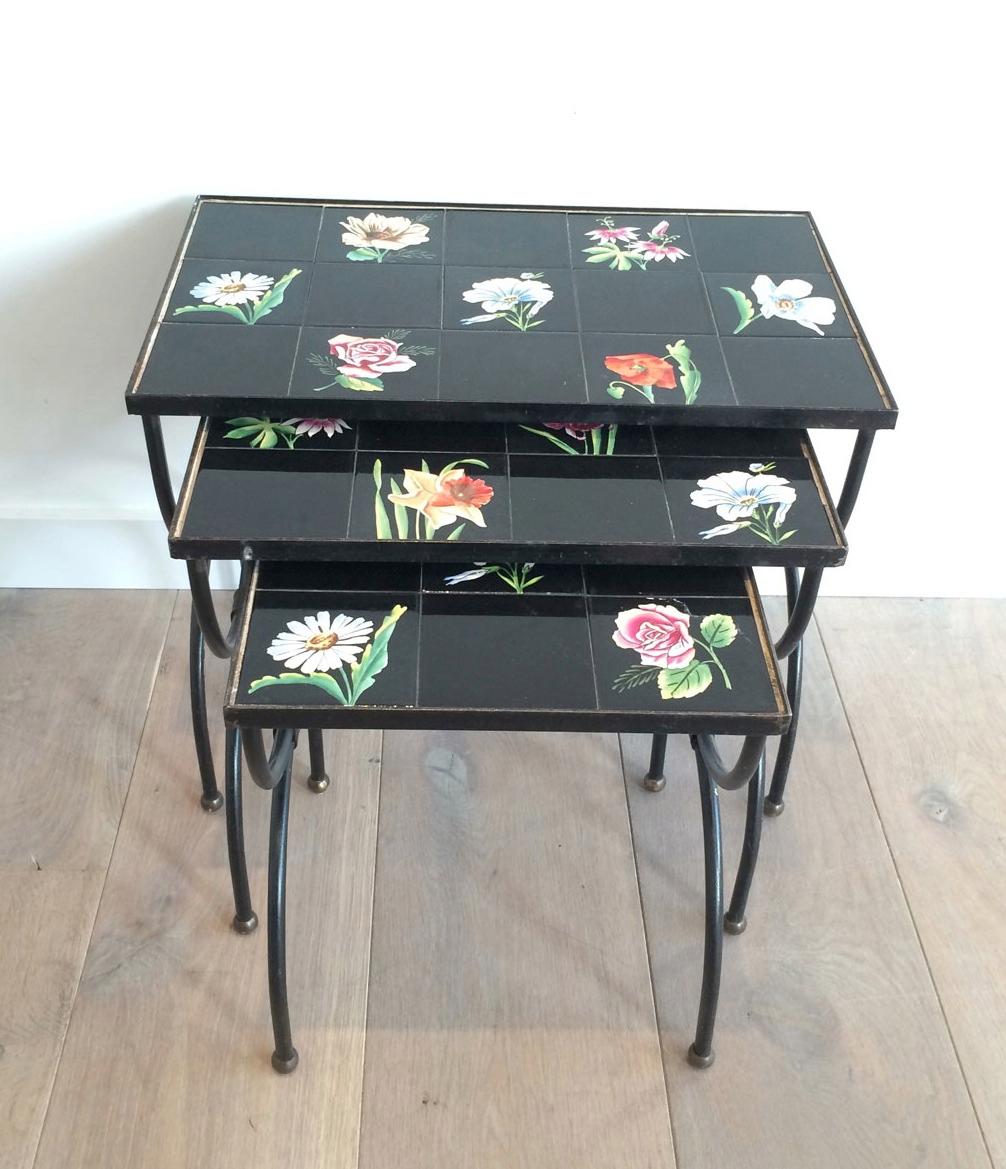 Lacquered Unusual Ceramic and Black Iron Nesting Tables, French Work, circa 1950 For Sale