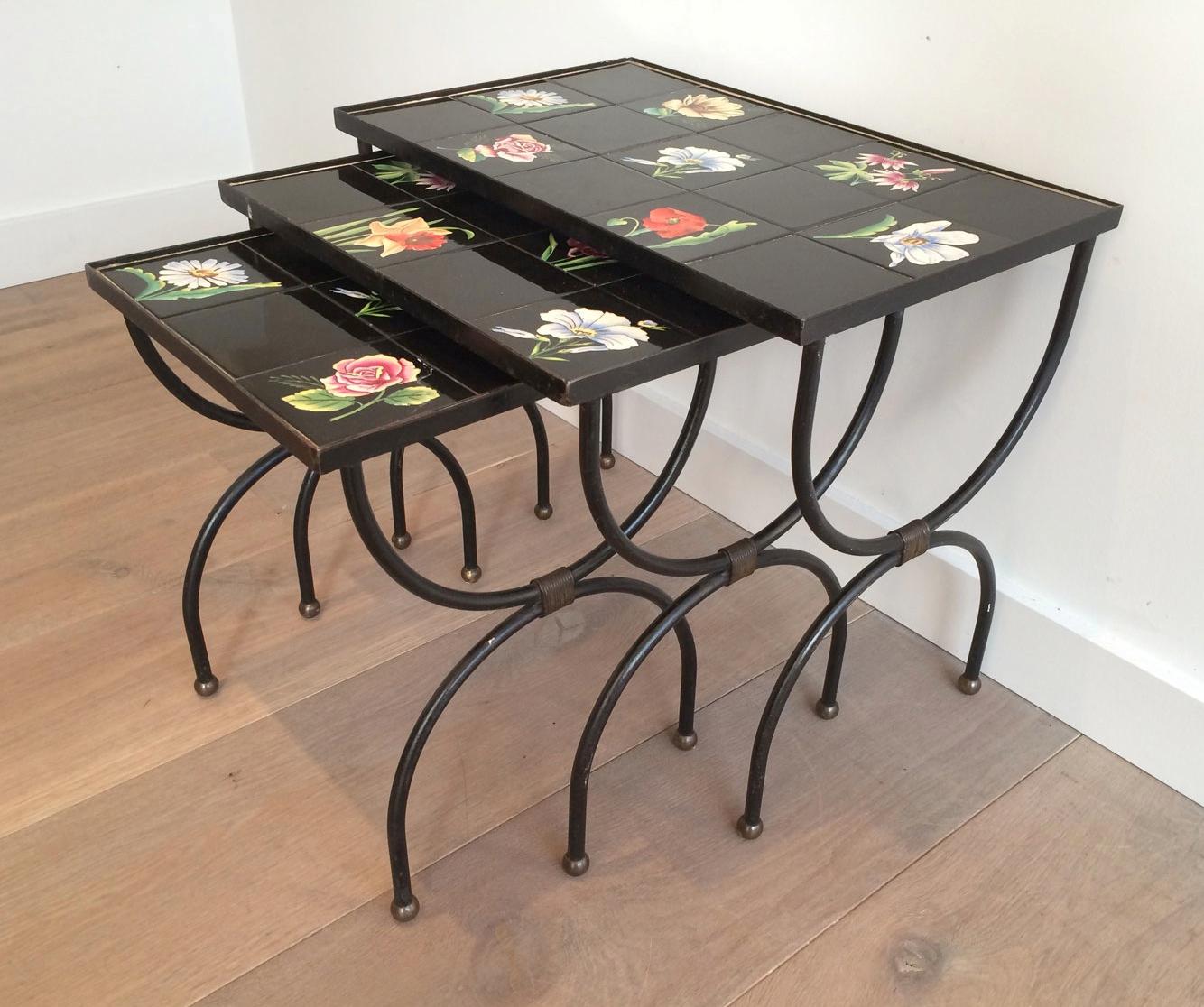 Mid-20th Century Unusual Ceramic and Black Iron Nesting Tables, French Work, circa 1950 For Sale