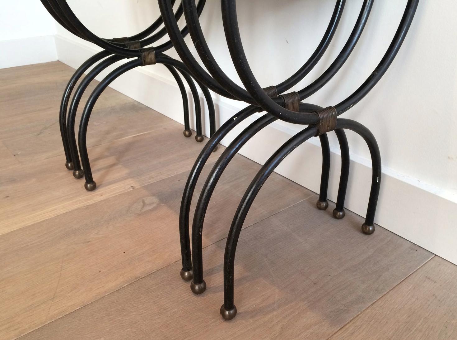 Unusual Ceramic and Black Iron Nesting Tables, French Work, circa 1950 For Sale 3